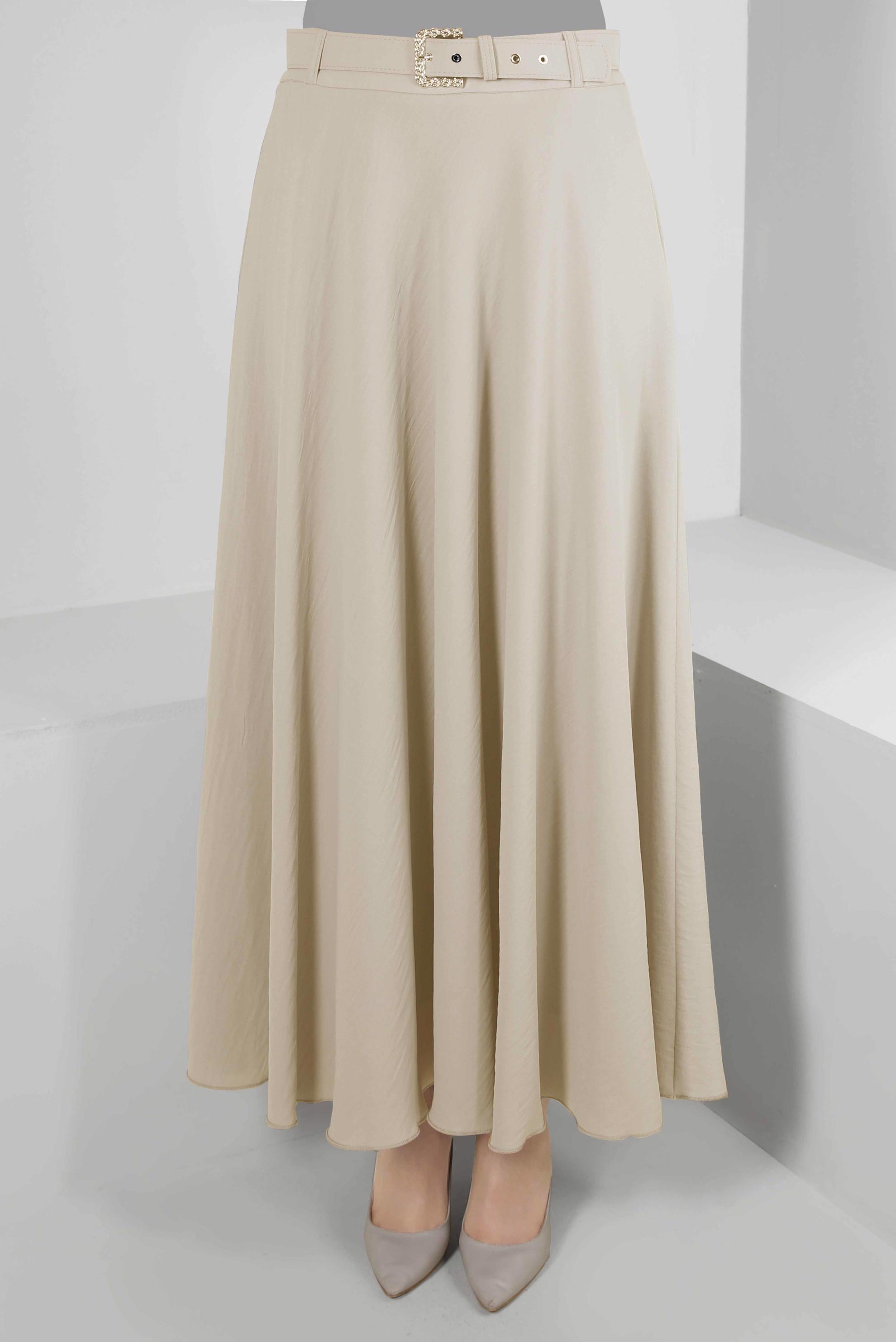 Tesettür giyim BEJ KEMERLİ VOLANLI ETEK 60407