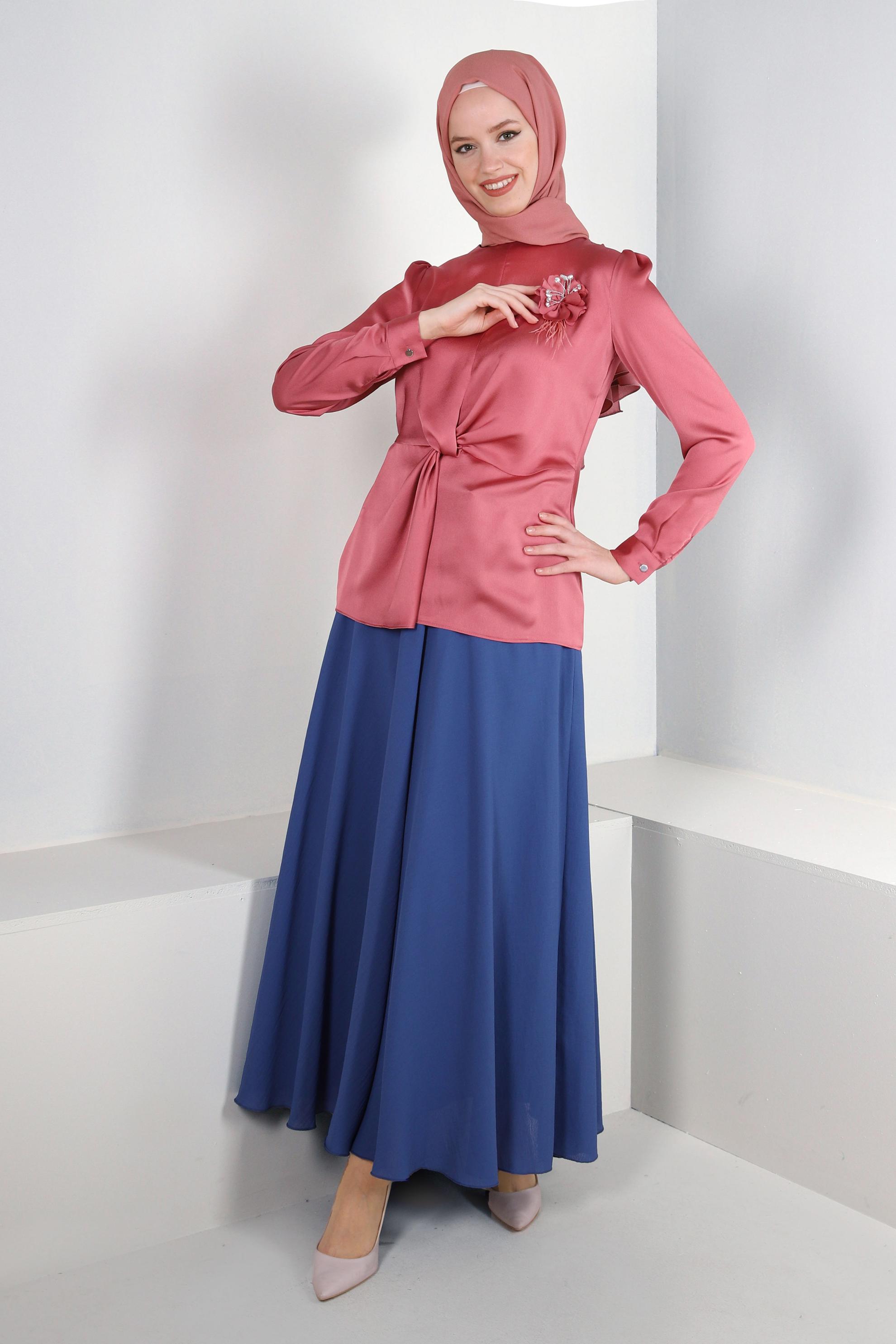 Tesettür giyim LACİVERT KEMERLİ VOLANLI ETEK 60407