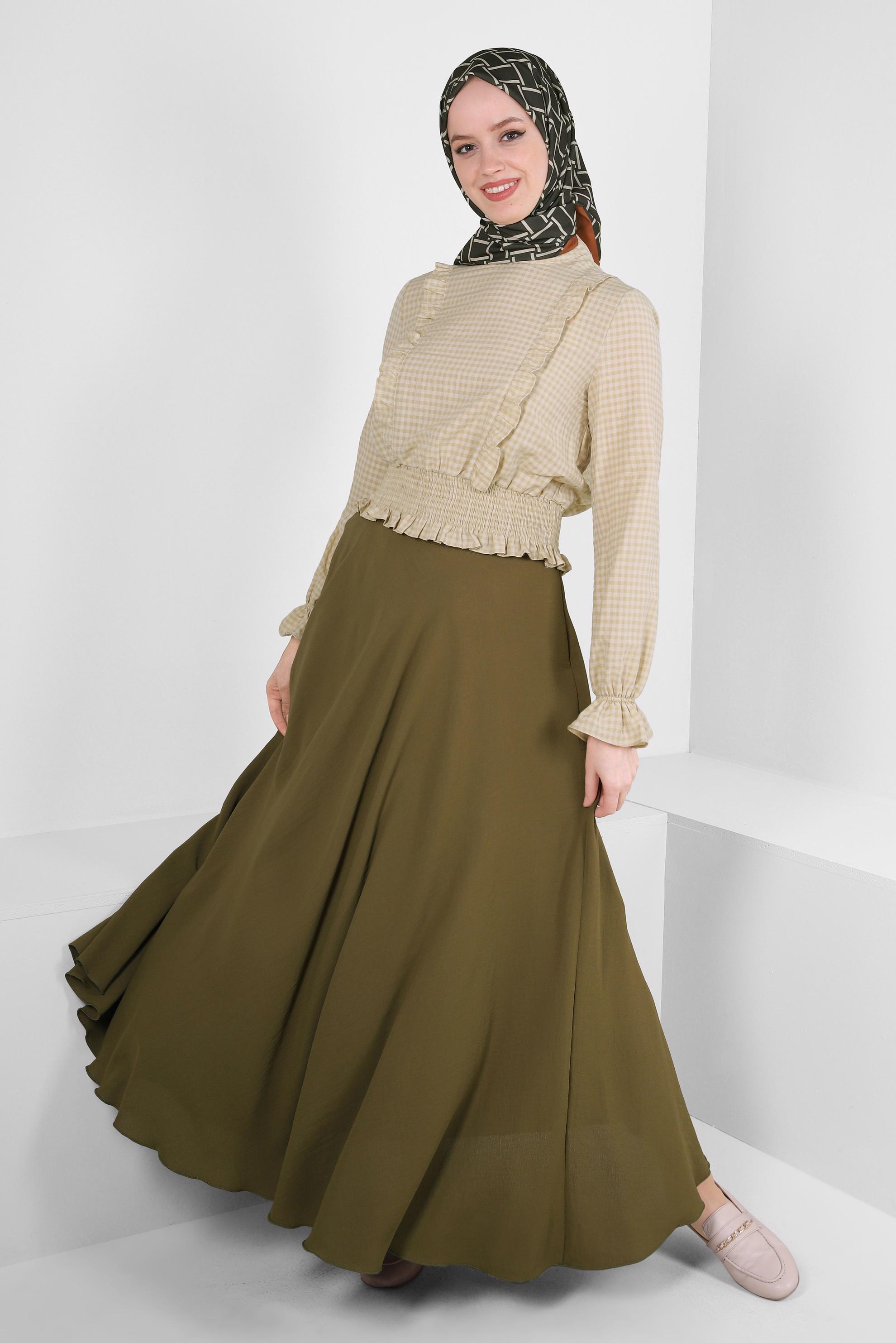 Tesettür giyim YEŞİL KEMERLİ VOLANLI ETEK 60407