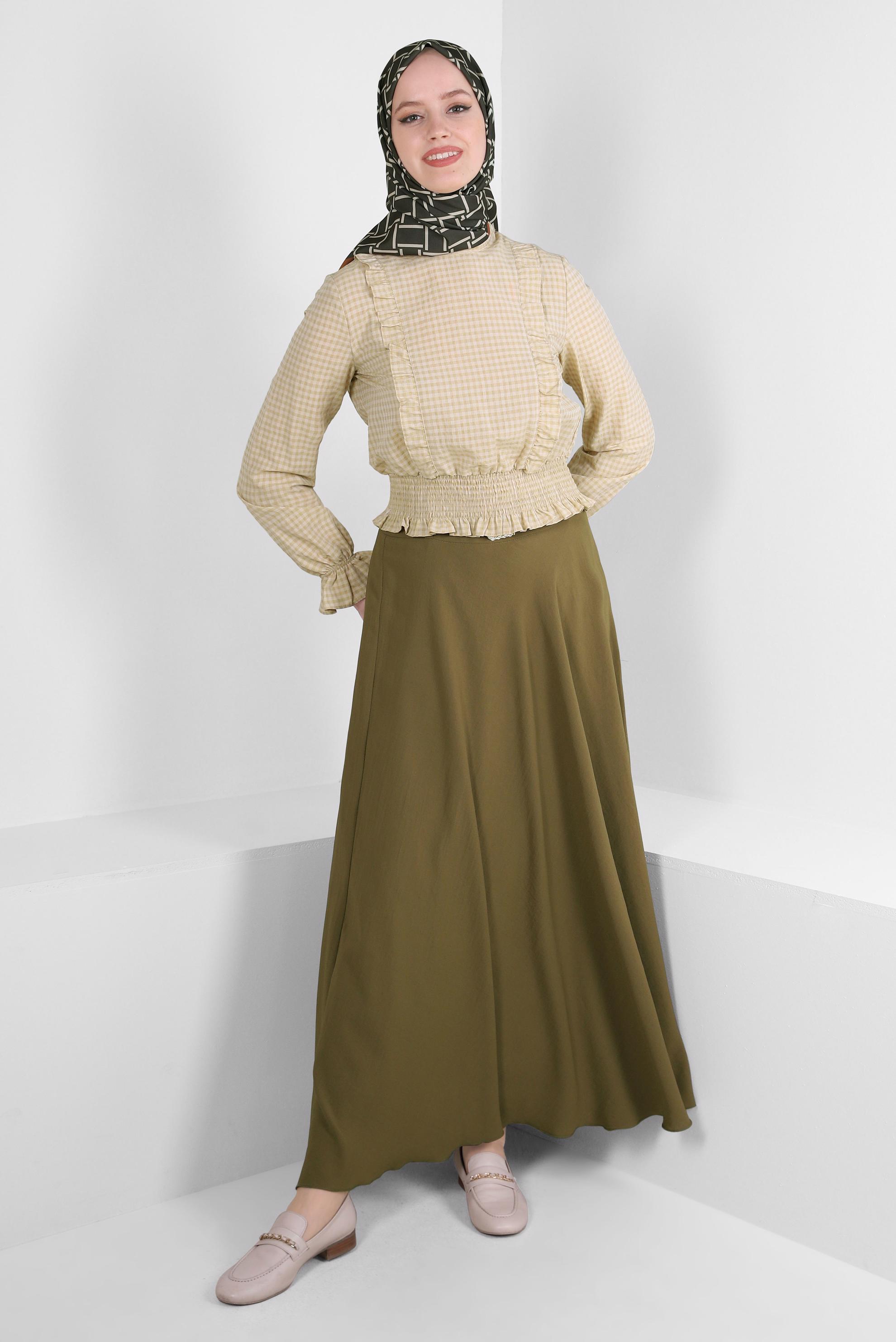 Tesettür giyim YEŞİL KEMERLİ VOLANLI ETEK 60407