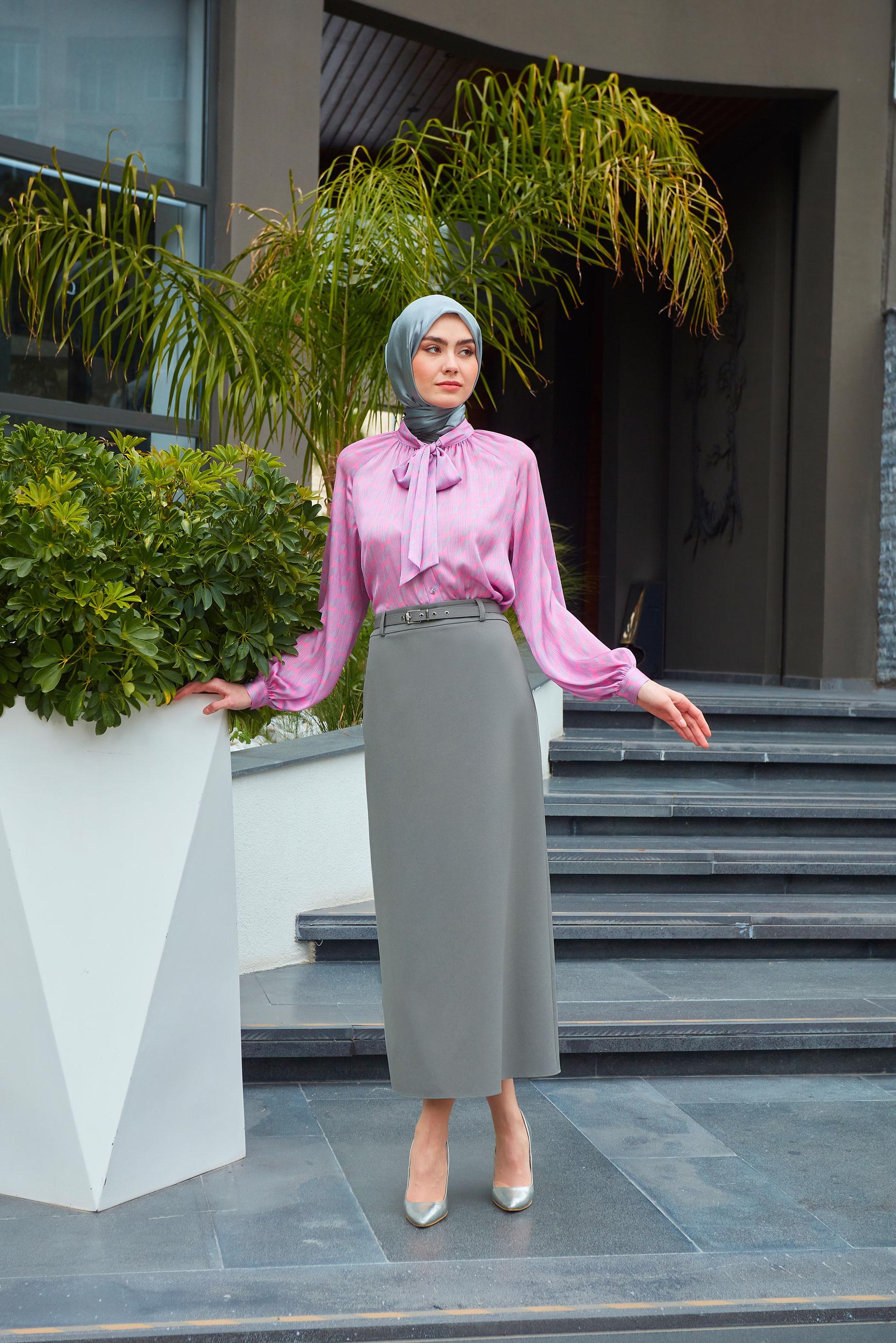 Tesettür giyim GRİ KEMERLİ DÜZ KESİM ETEK 60408