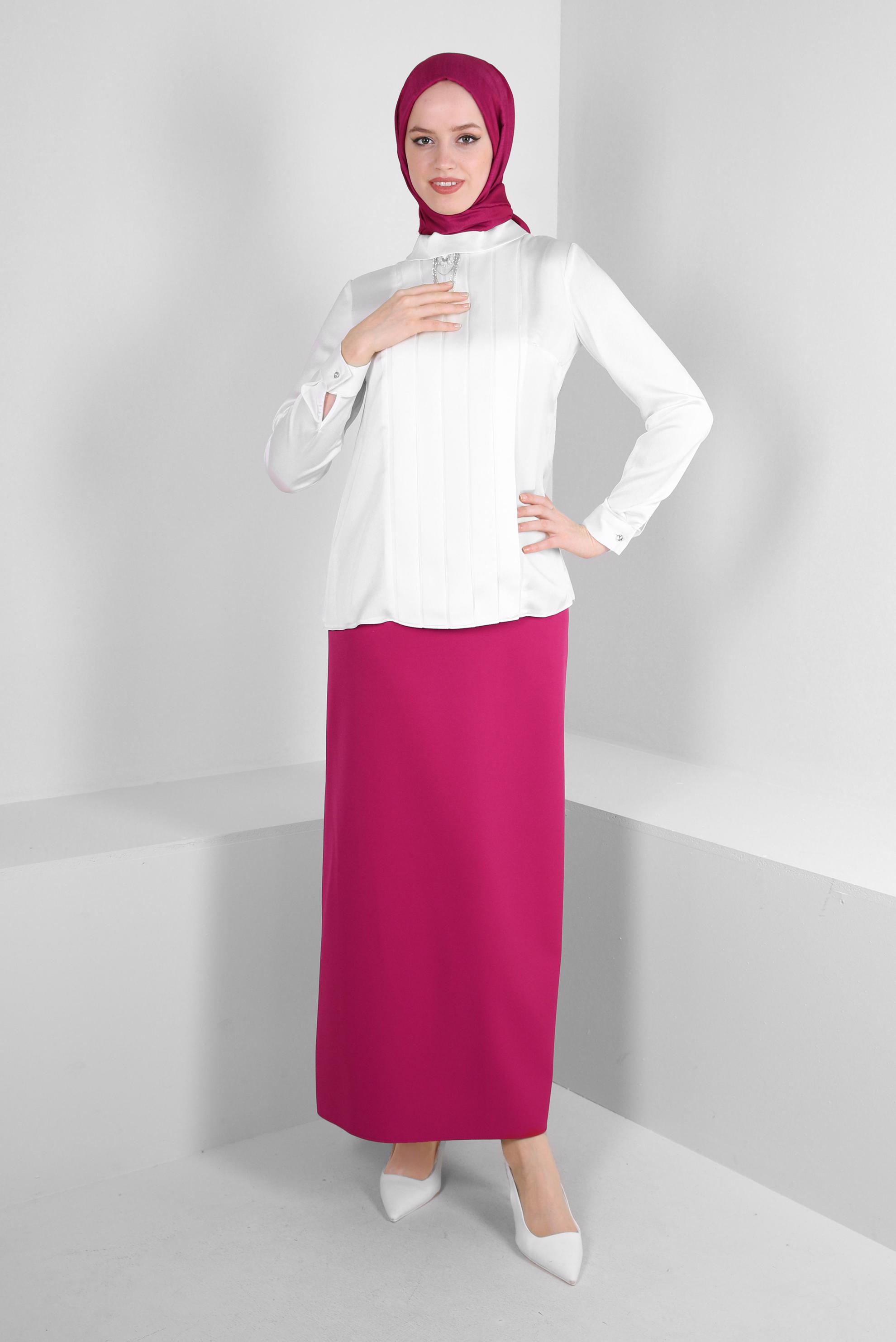 Tesettür giyim FUŞYA KEMERLİ DÜZ KESİM ETEK 60408