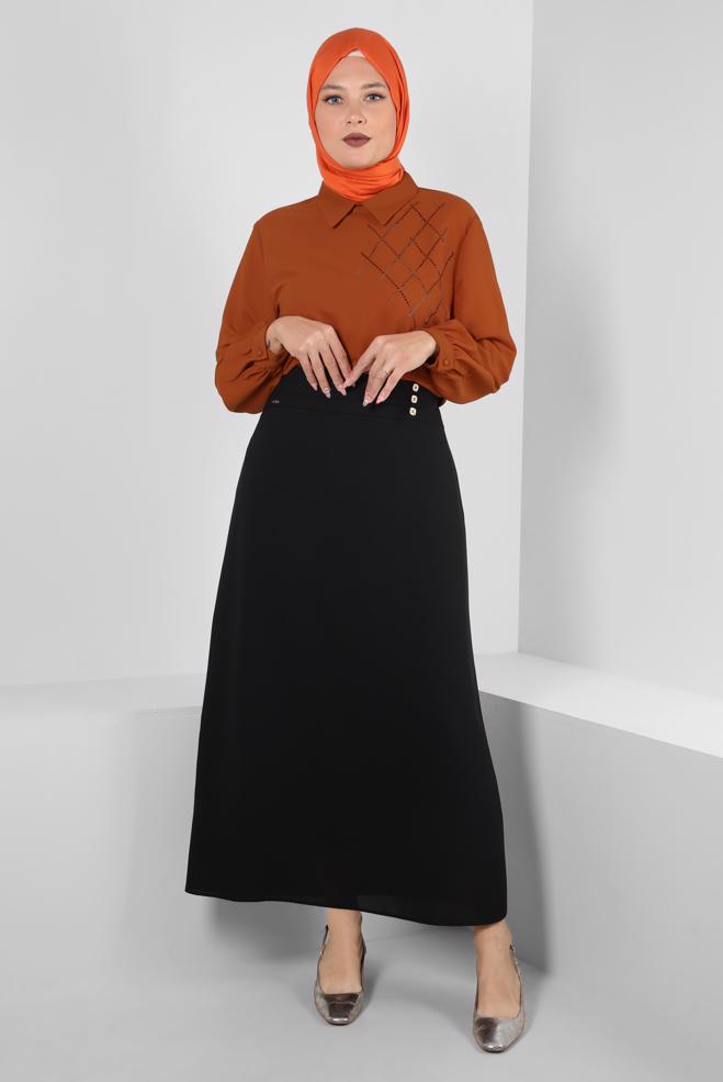 Tesettür giyim SİYAH DÜĞME DETAYLI A KESİM ETEK 60411 - ALVİNA