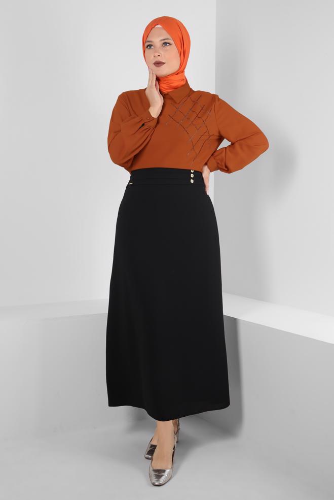 Tesettür giyim SİYAH DÜĞME DETAYLI A KESİM ETEK 60411 - ALVİNA
