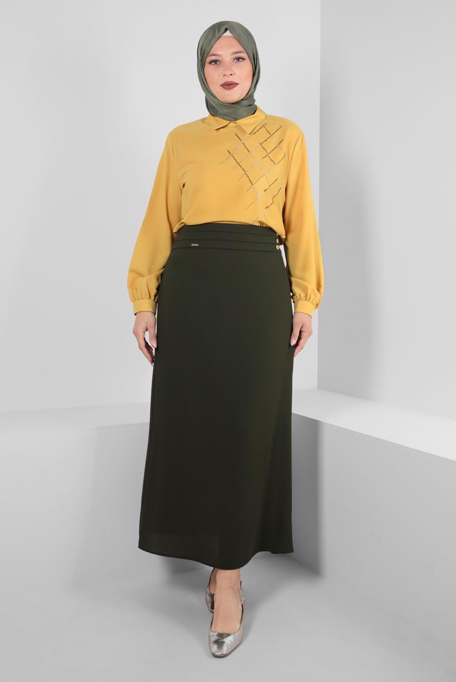 Tesettür giyim HAKİ DÜĞME DETAYLI A KESİM ETEK 60411 - ALVİNA