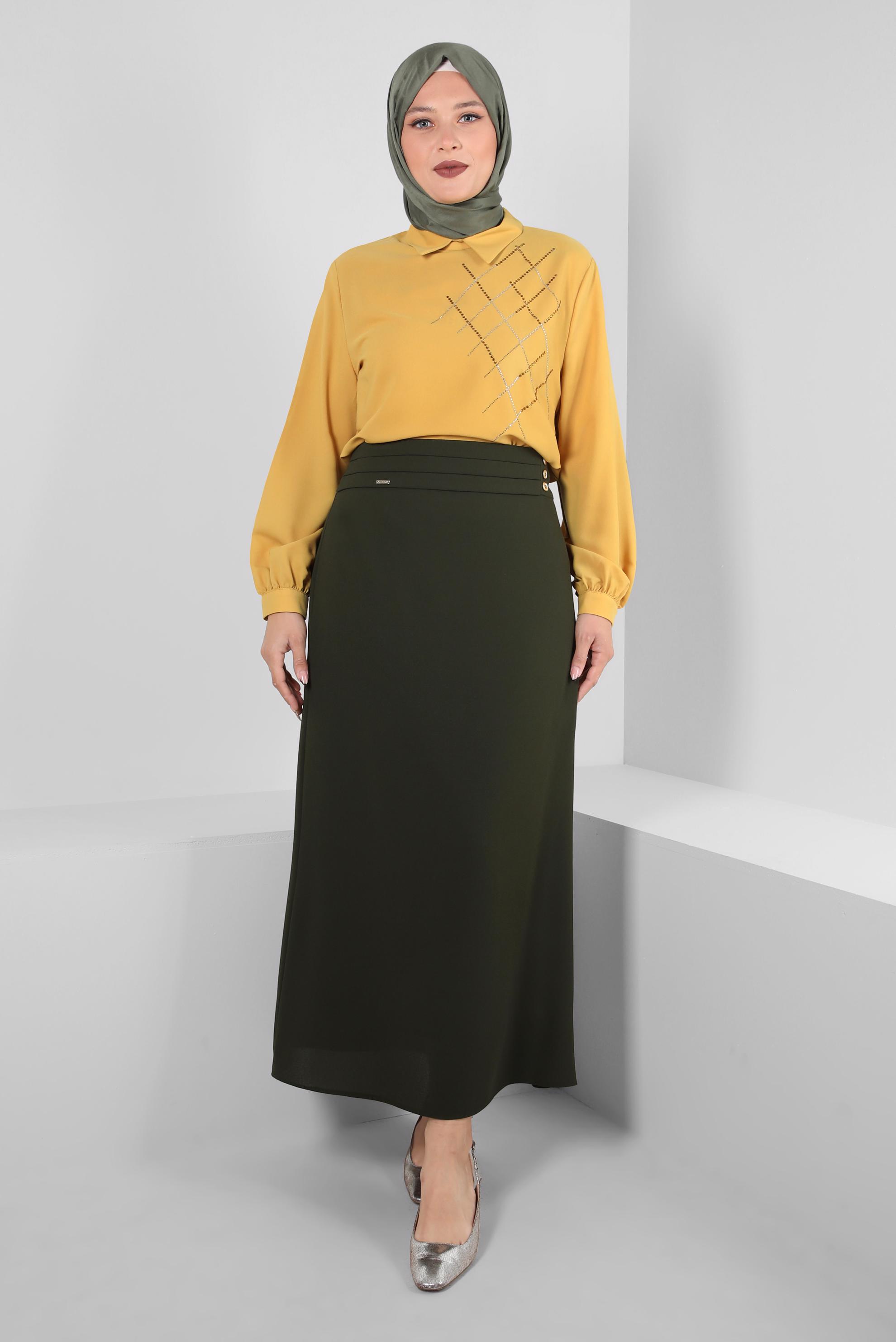 Tesettür giyim HAKİ DÜĞME DETAYLI A KESİM ETEK 60411