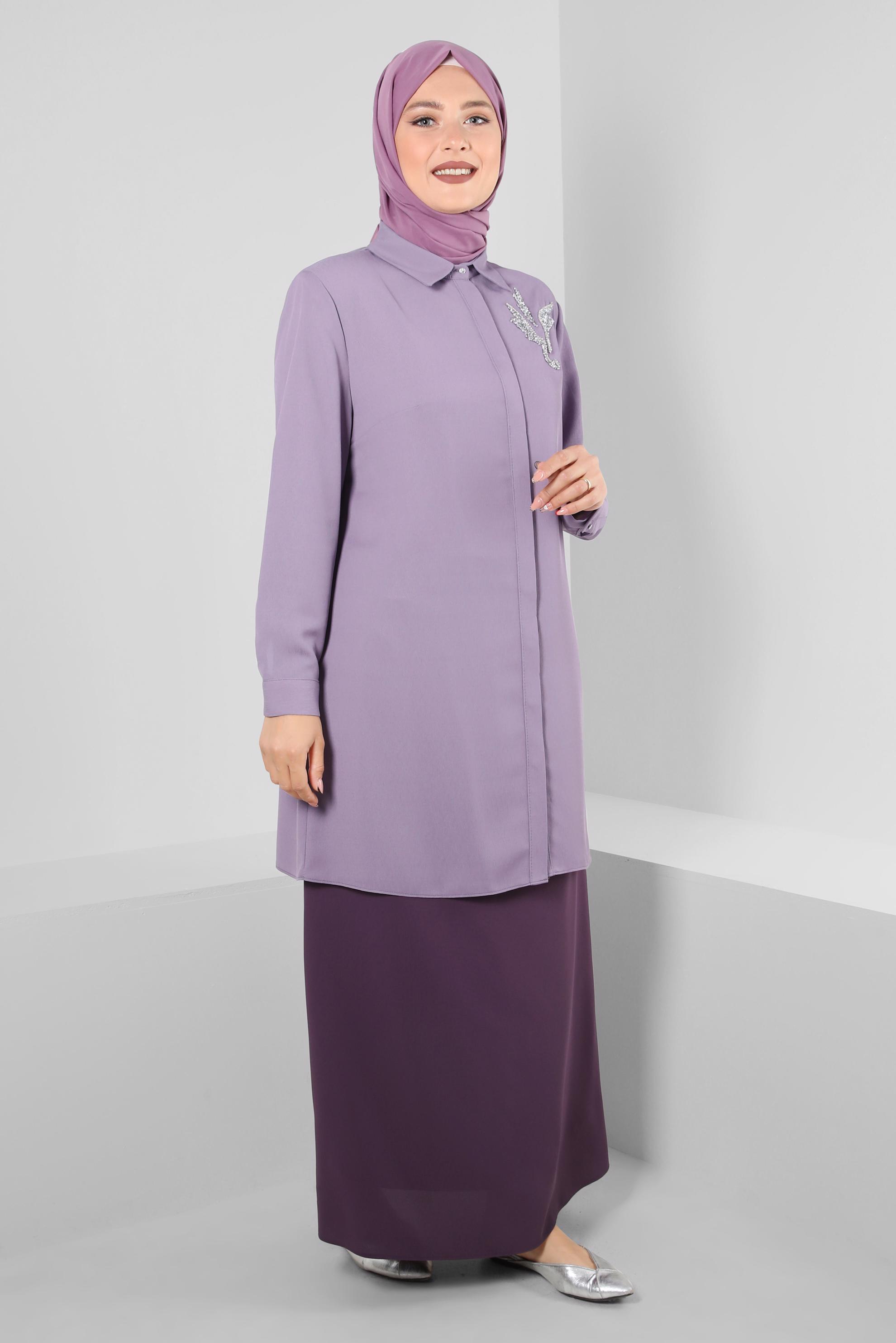 Vêtements hijab POURPRE JUPE COUPE AVEC BOUTON DÉTAIL 60411