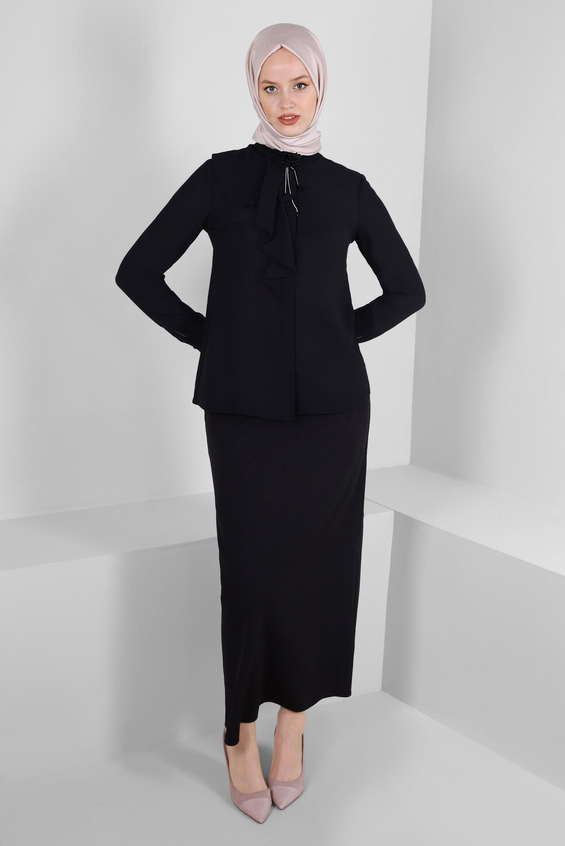 Tesettür giyim SİYAH GİZLİ YIRTMAÇLI DÜZ KESİM ETEK 60414