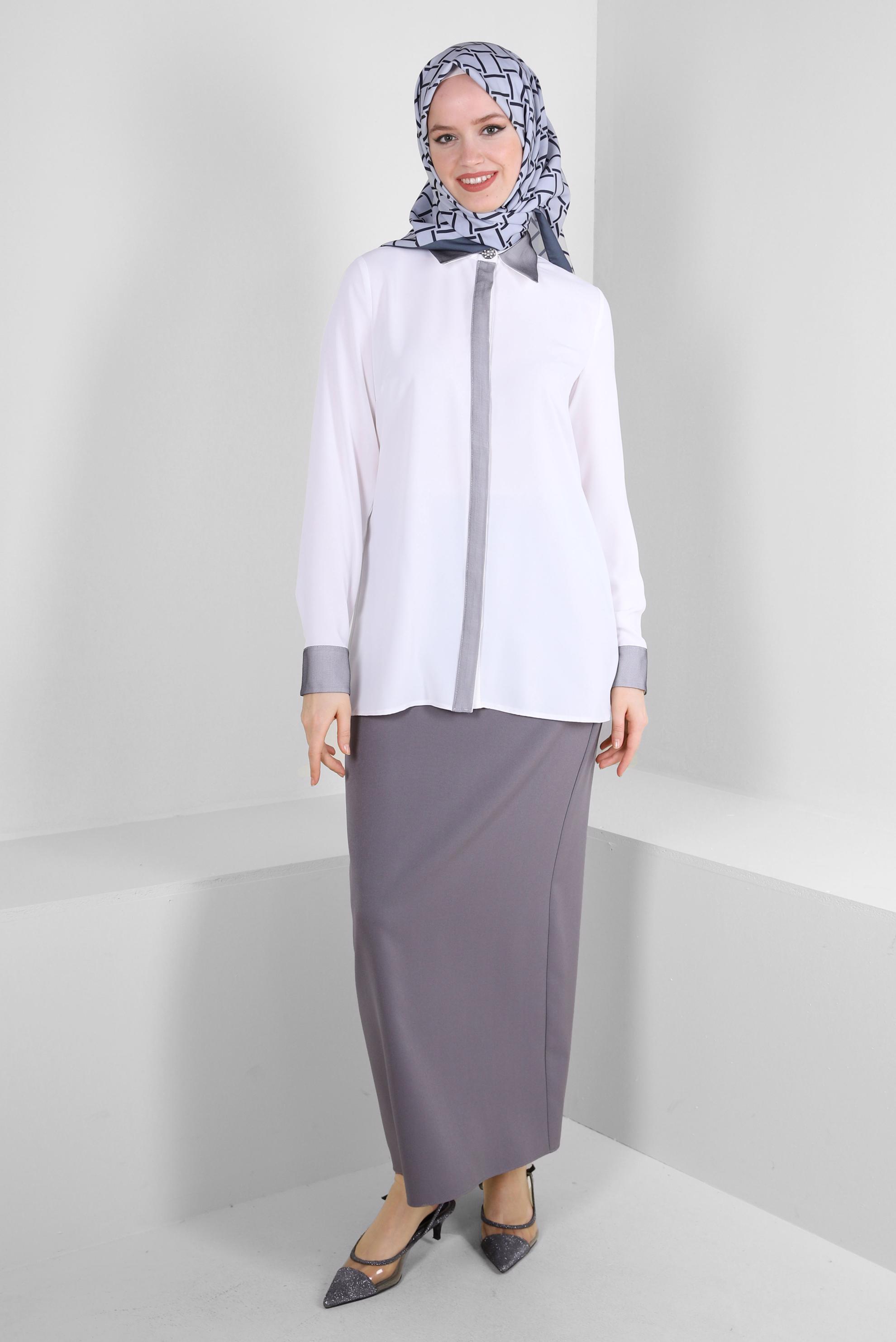 Tesettür giyim GRİ GİZLİ YIRTMAÇLI DÜZ KESİM ETEK 60414