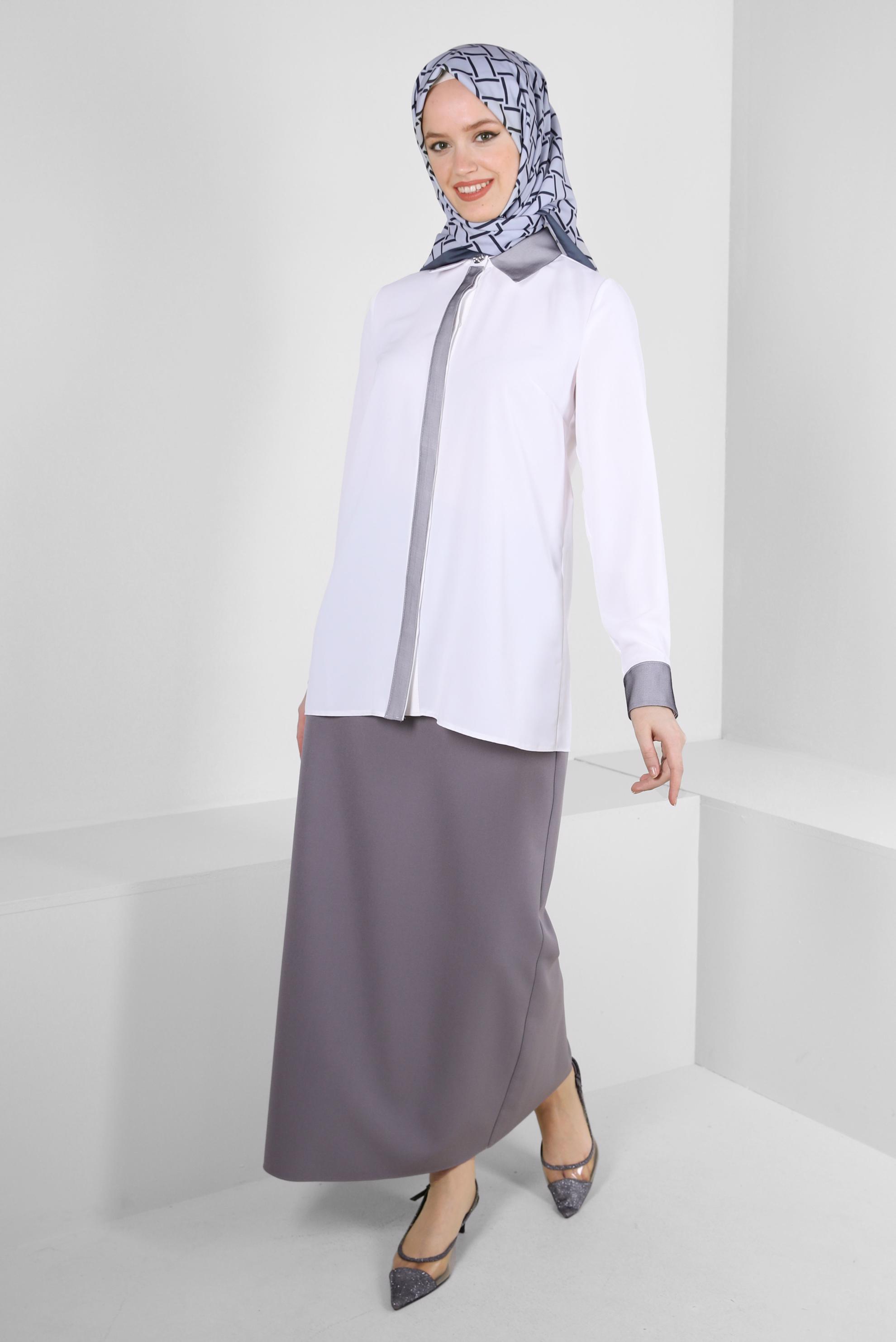Tesettür giyim GRİ GİZLİ YIRTMAÇLI DÜZ KESİM ETEK 60414