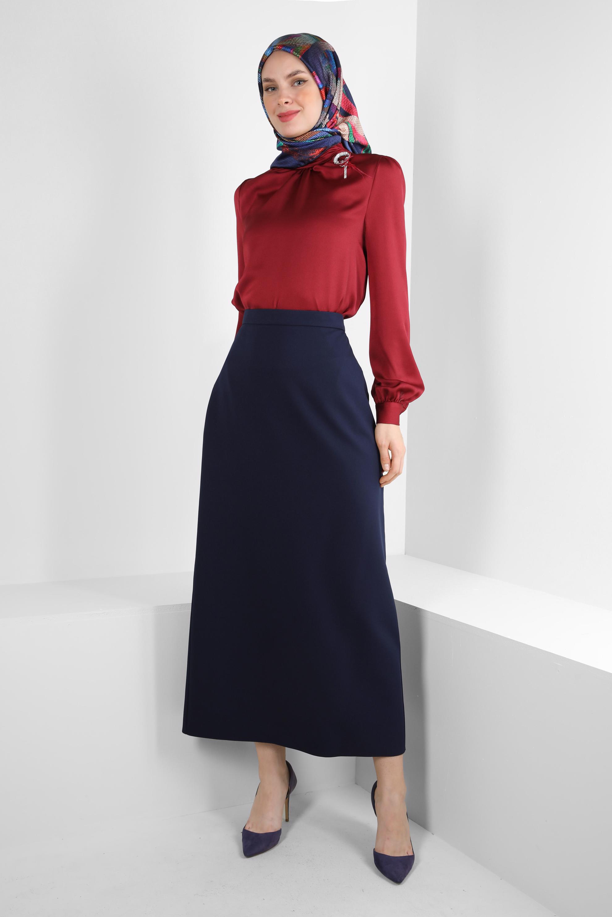Tesettür giyim LACİVERT GİZLİ YIRTMAÇLI DÜZ KESİM ETEK 60414