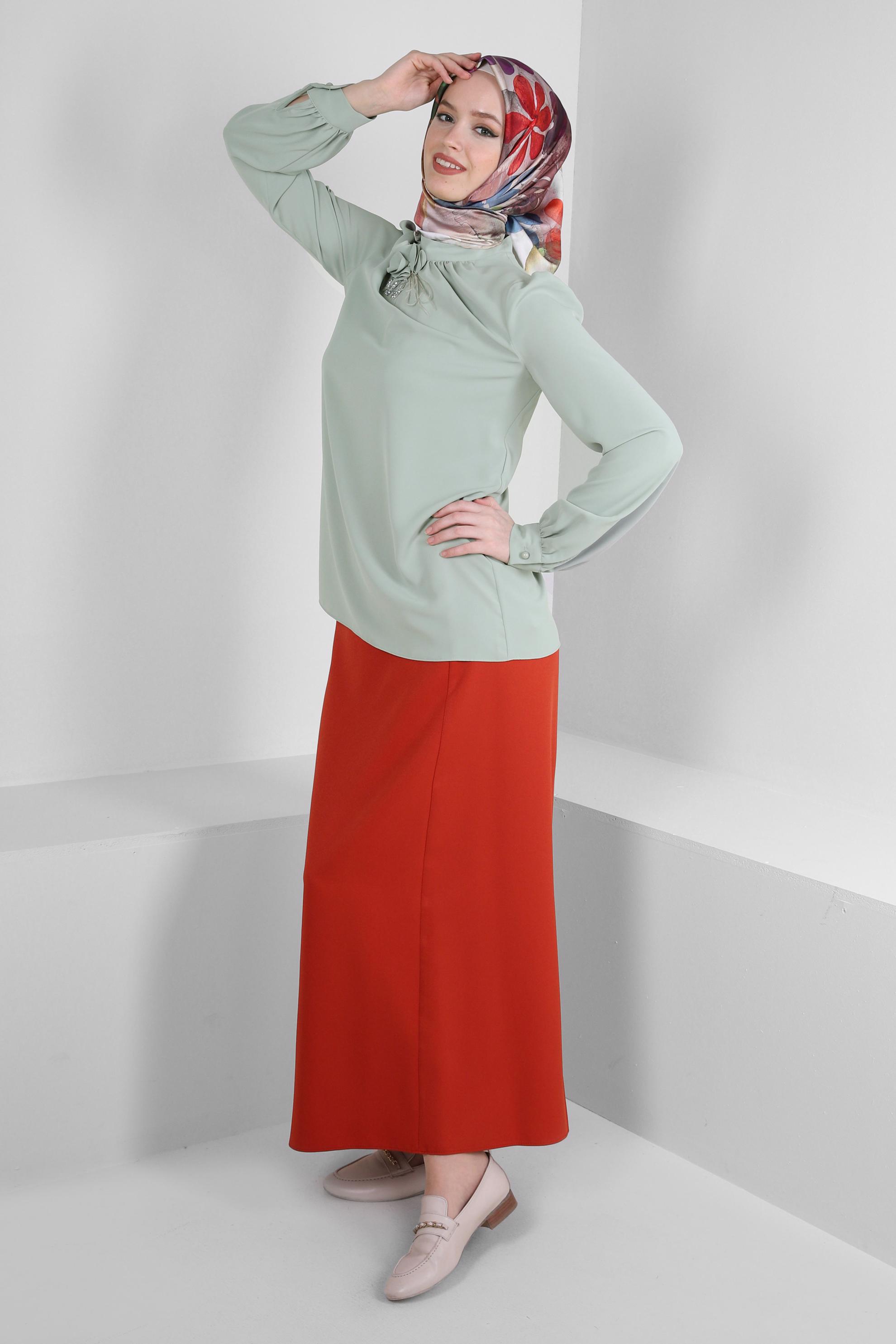 Tesettür giyim TURUNCU GİZLİ YIRTMAÇLI DÜZ KESİM ETEK 60414