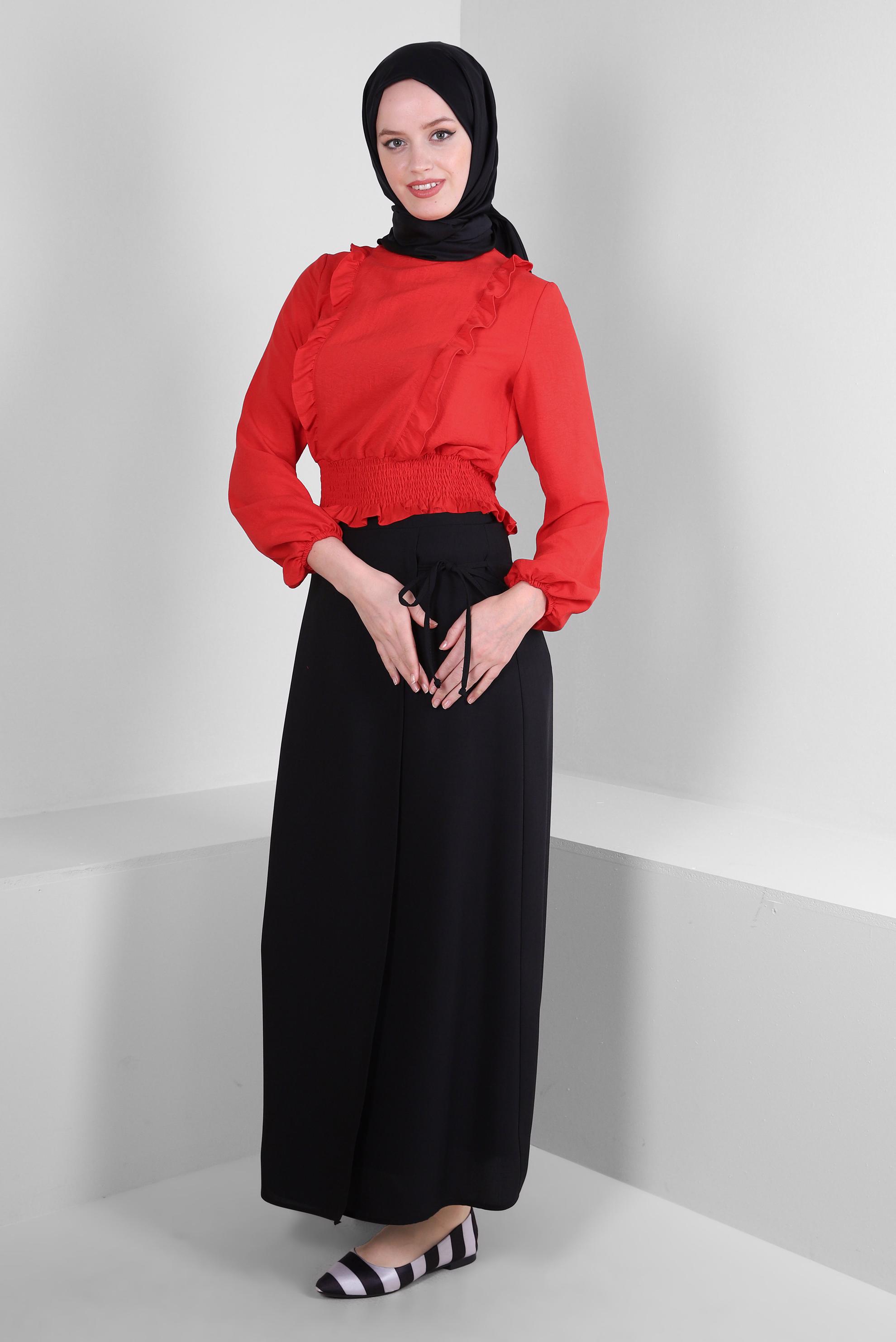 Tesettür giyim SİYAH BAĞLAMA DETAYLI DÜZ KESİM ETEK 60417
