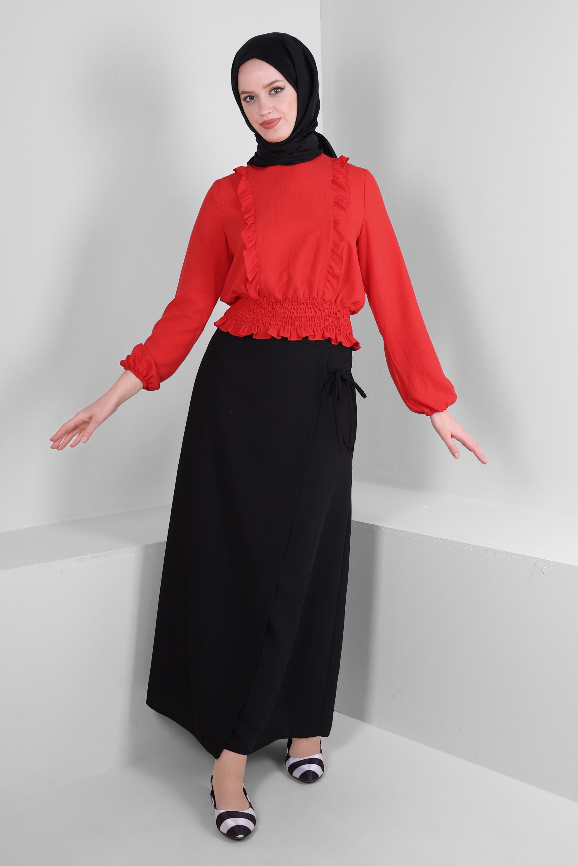 Tesettür giyim SİYAH BAĞLAMA DETAYLI DÜZ KESİM ETEK 60417