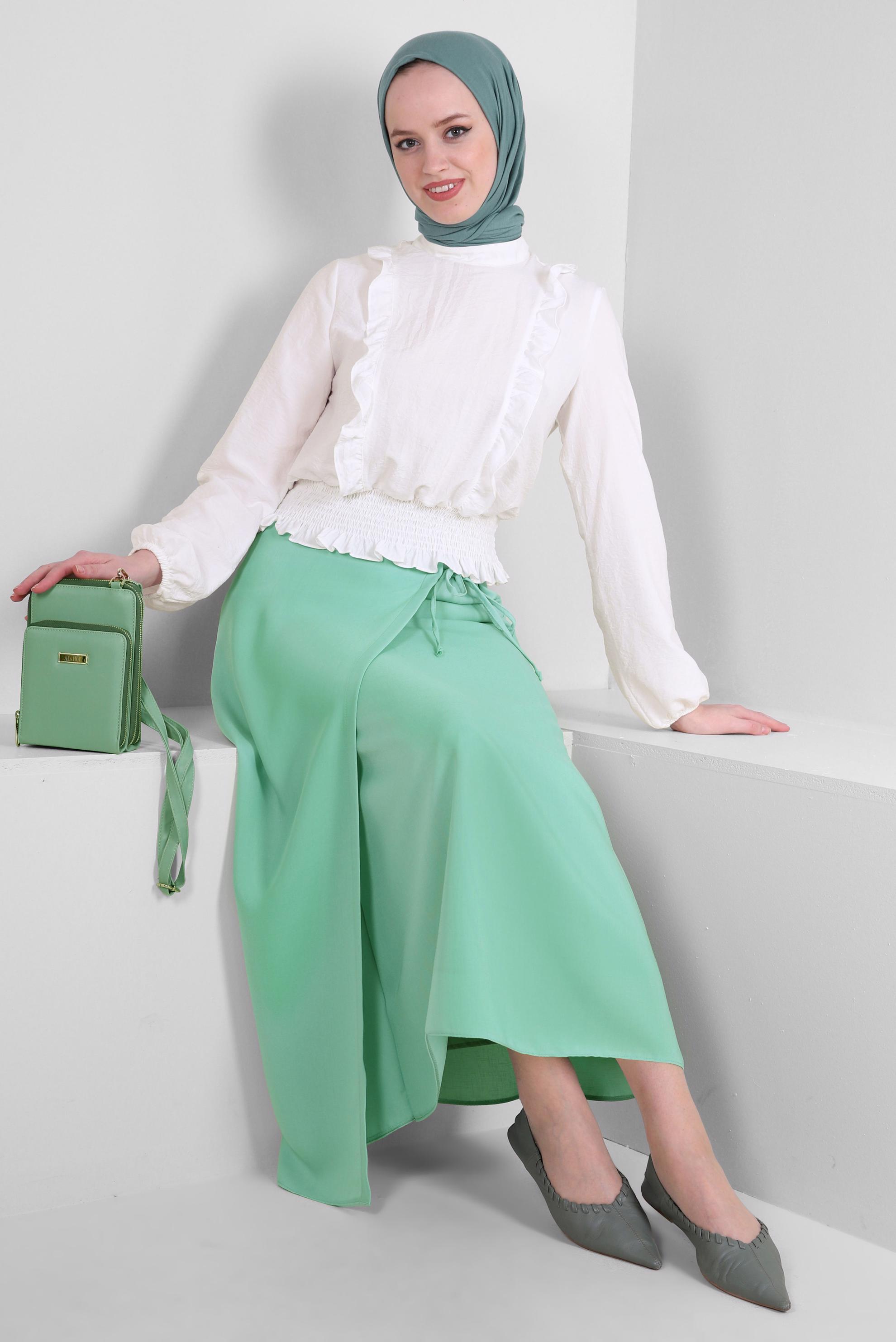 Tesettür giyim YEŞİL BAĞLAMA DETAYLI DÜZ KESİM ETEK 60417