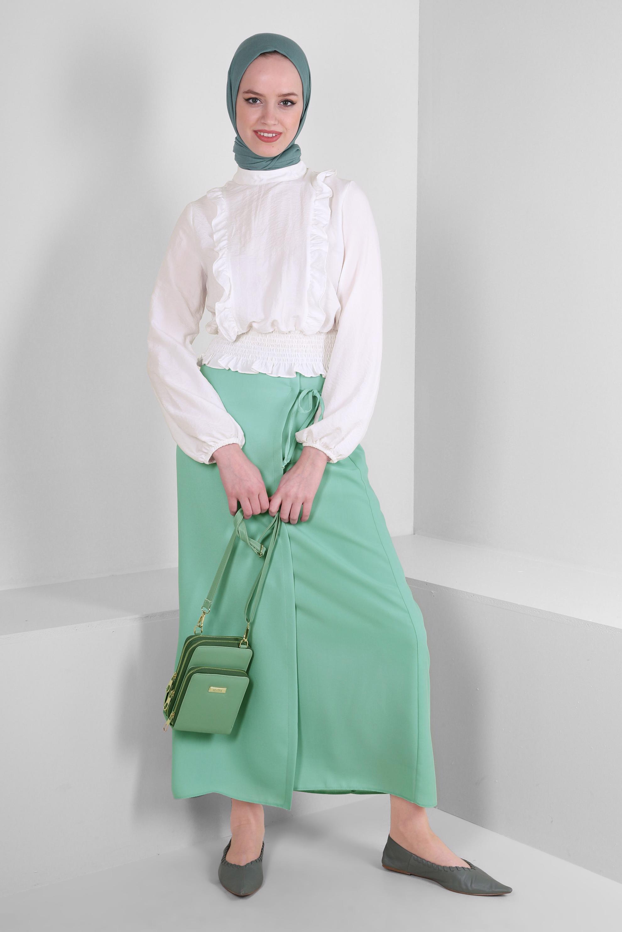 Tesettür giyim YEŞİL BAĞLAMA DETAYLI DÜZ KESİM ETEK 60417