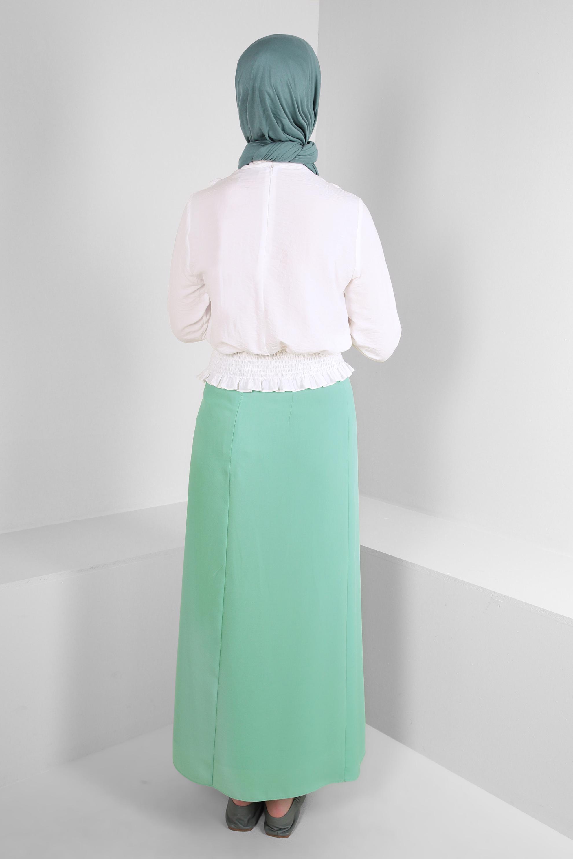 Tesettür giyim YEŞİL BAĞLAMA DETAYLI DÜZ KESİM ETEK 60417