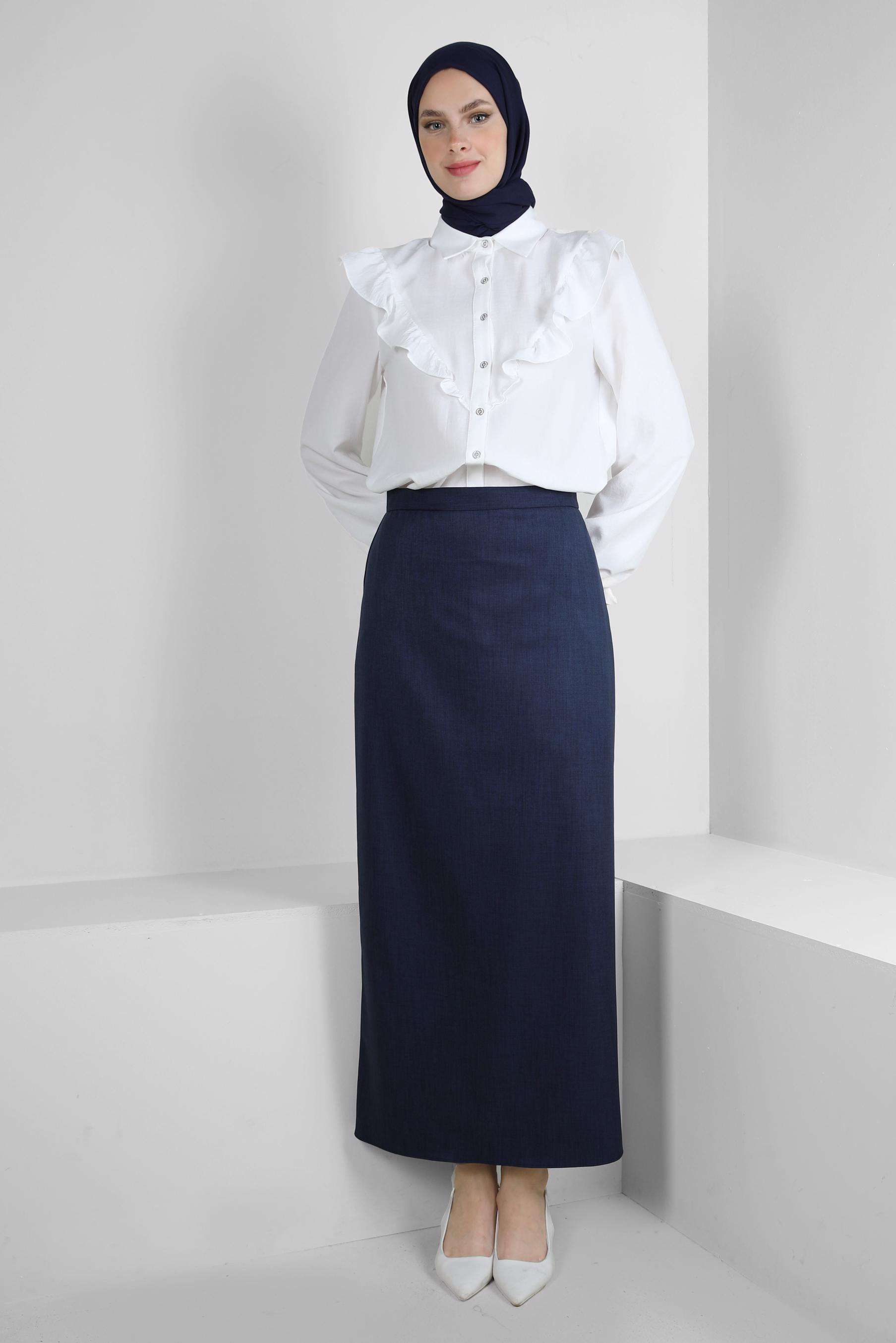 Tesettür giyim LACİVERT DÜZ KESİM GİZLİ YIRTMAÇLI ETEK 60419 