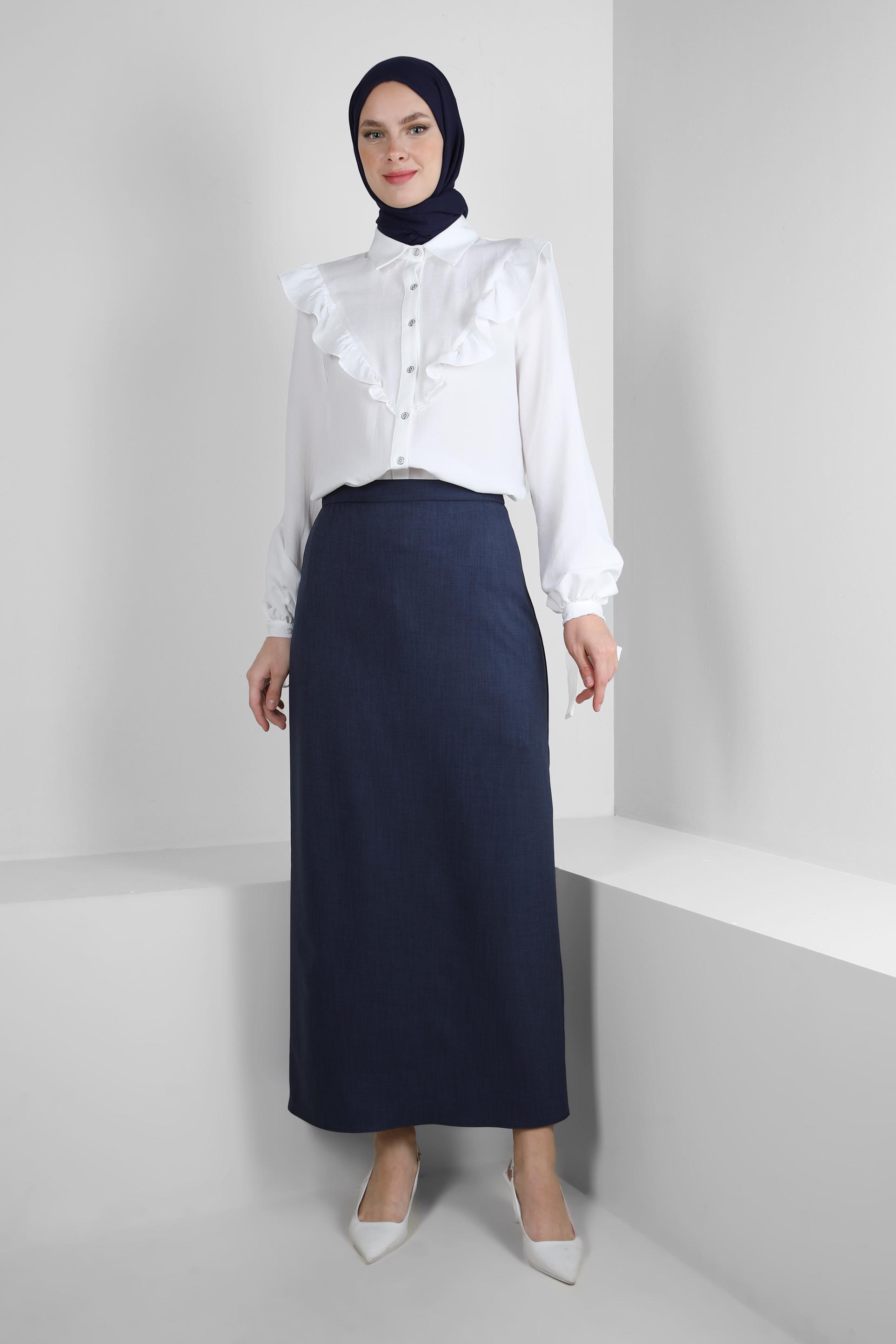Tesettür giyim LACİVERT DÜZ KESİM GİZLİ YIRTMAÇLI ETEK 60419 