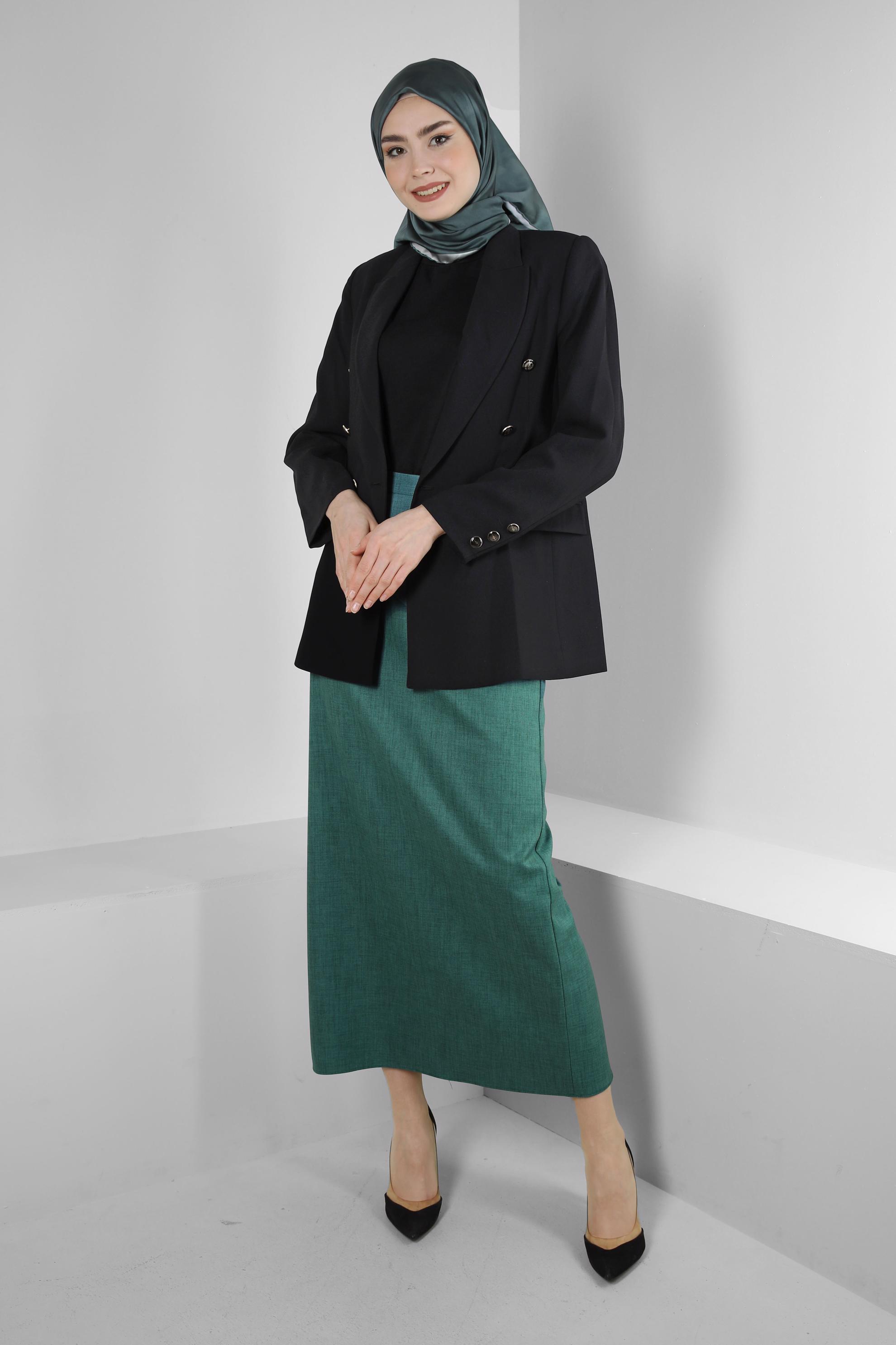 Tesettür giyim YEŞİL DÜZ KESİM GİZLİ YIRTMAÇLI ETEK 60419 