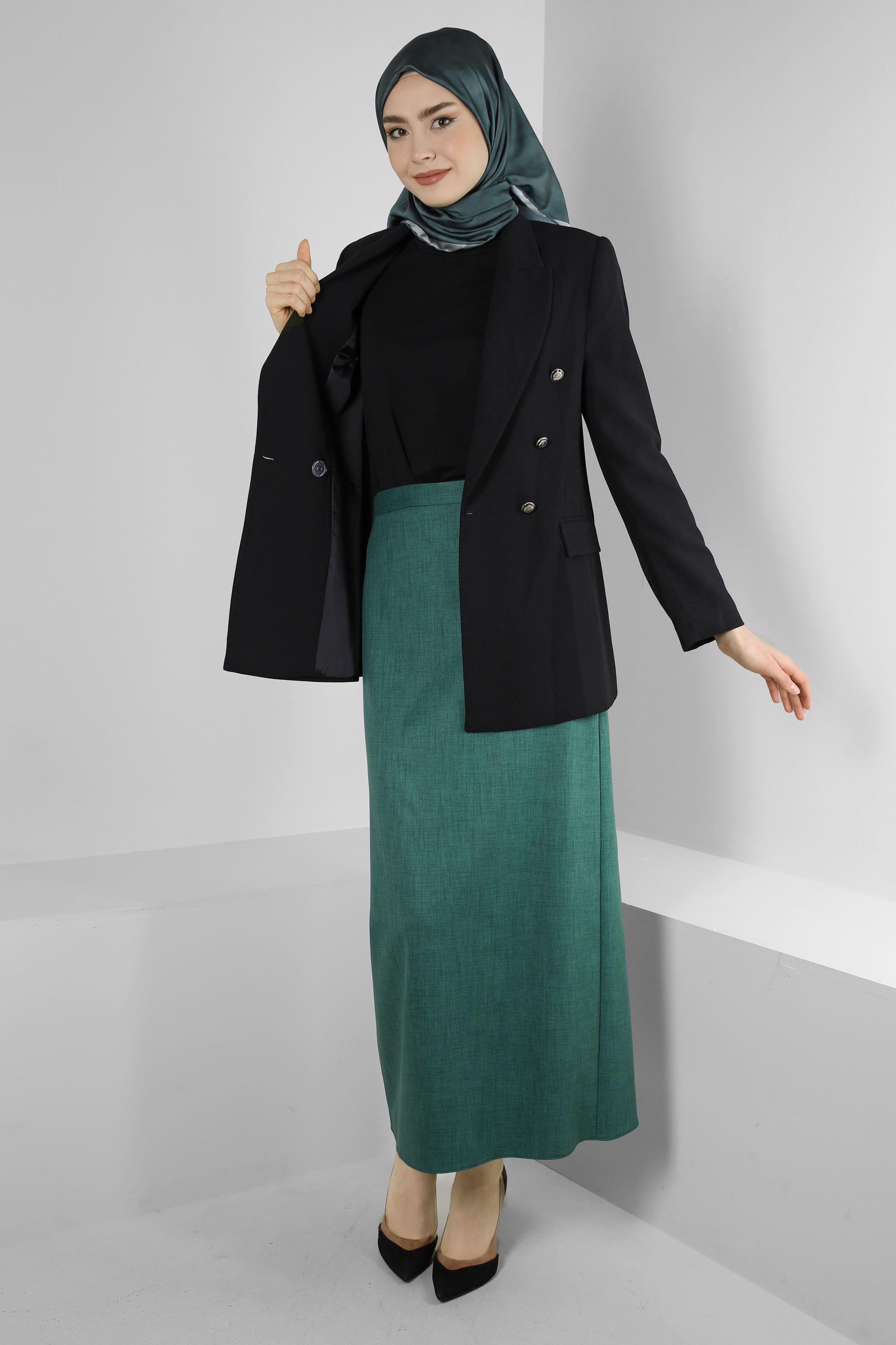 Tesettür giyim YEŞİL DÜZ KESİM GİZLİ YIRTMAÇLI ETEK 60419 