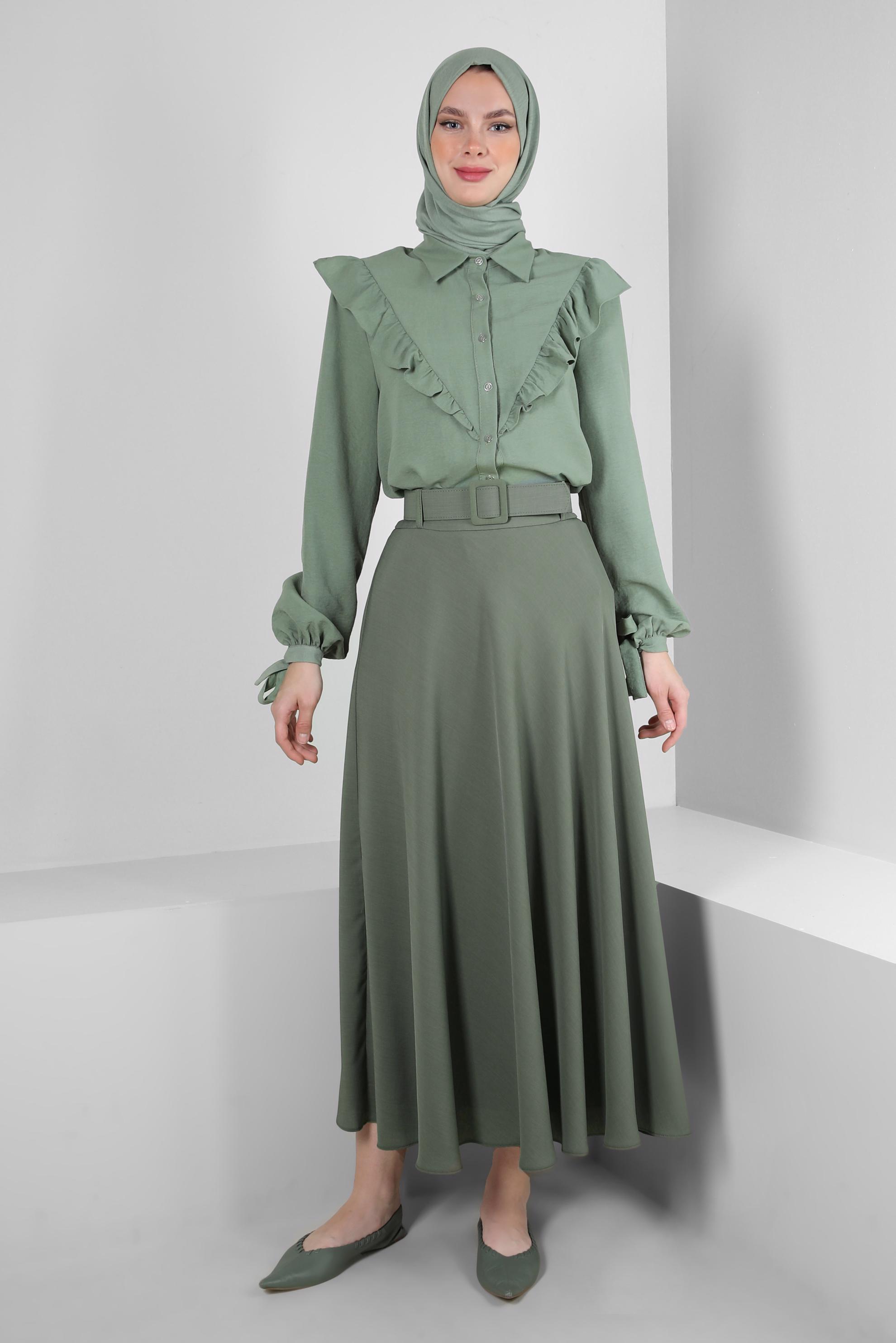 Tesettür giyim HAKİ KEMERLİ PİLİSELİ ETEK 60420