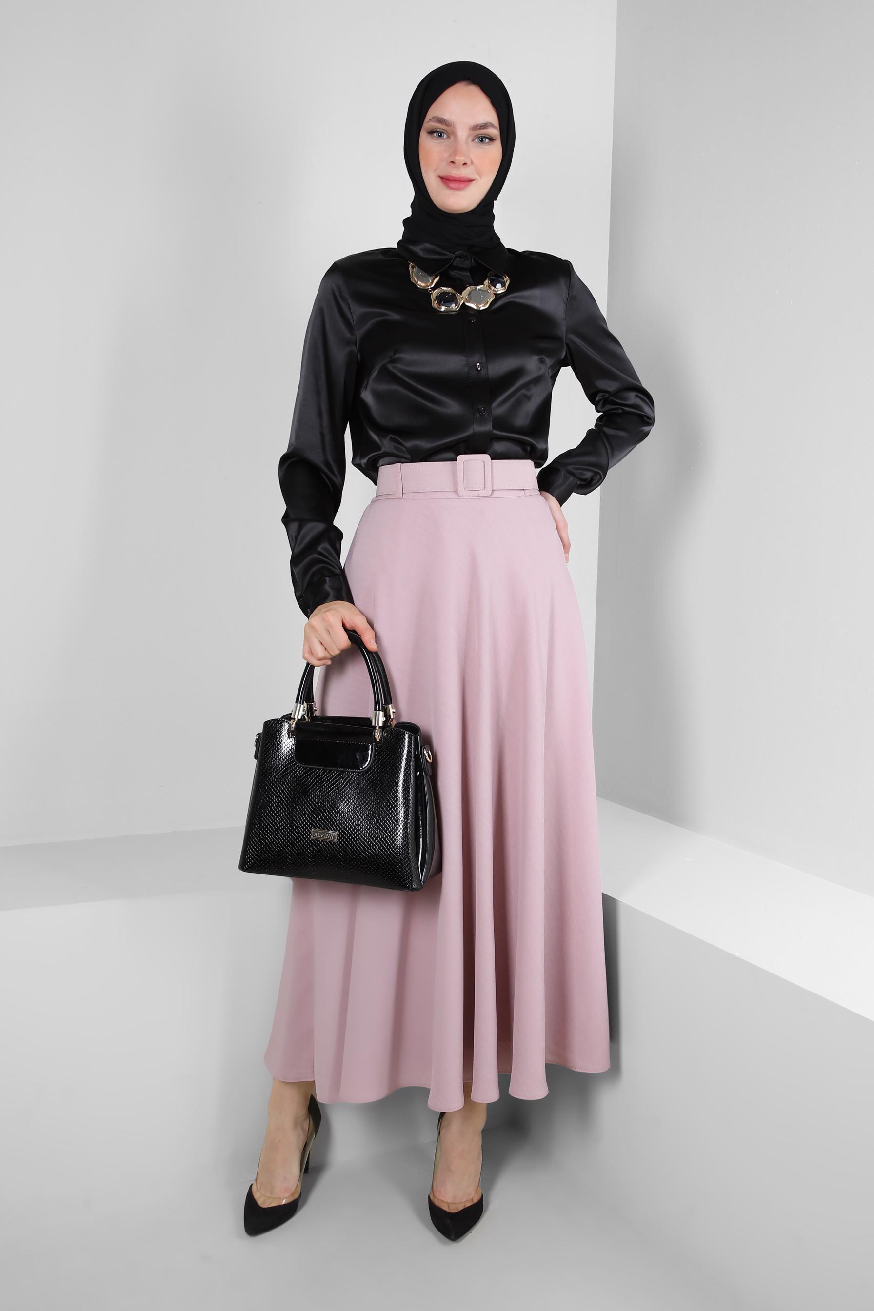 Tesettür giyim PUDRA KEMERLİ PİLİSELİ ETEK 60420