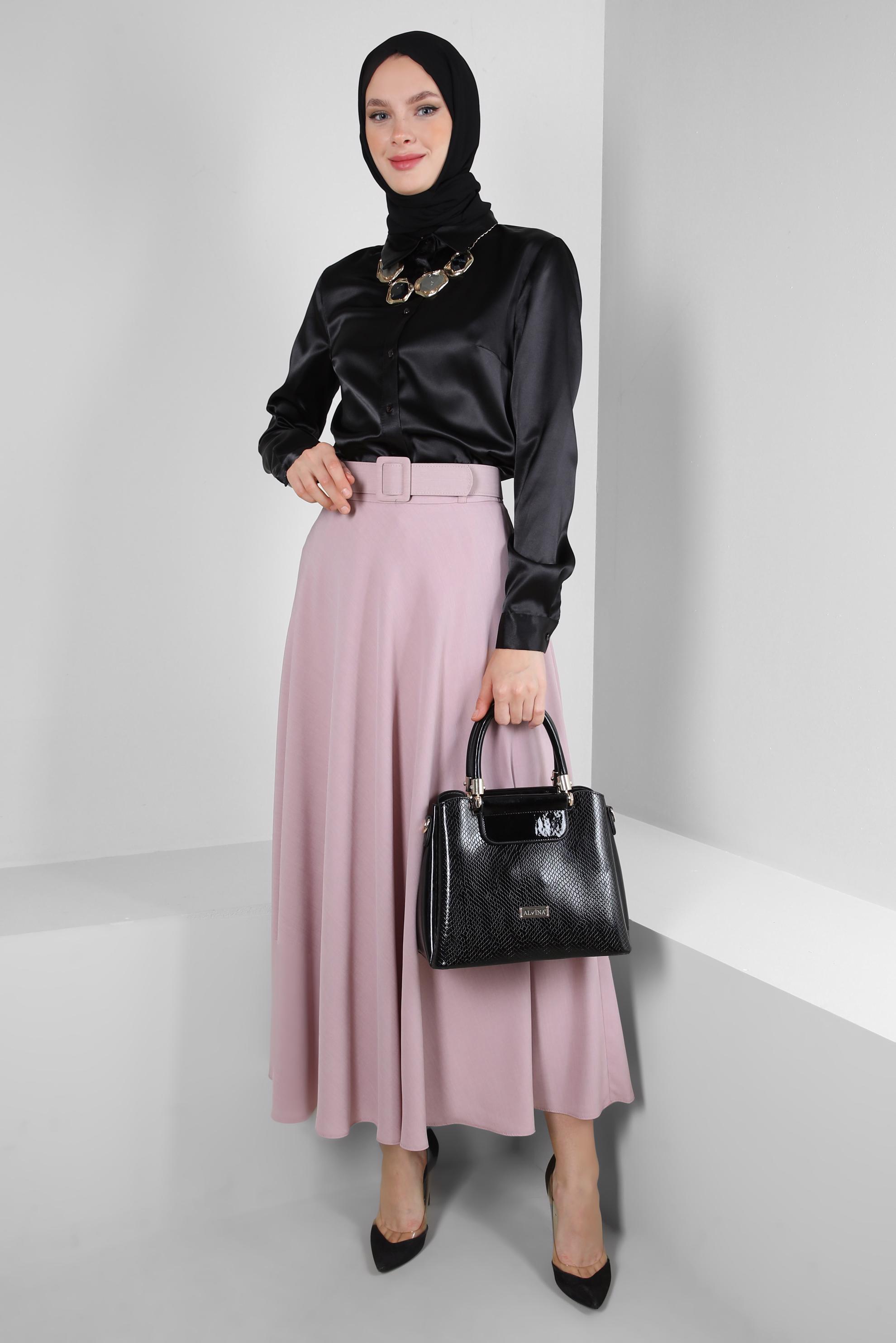 Tesettür giyim PUDRA KEMERLİ PİLİSELİ ETEK 60420