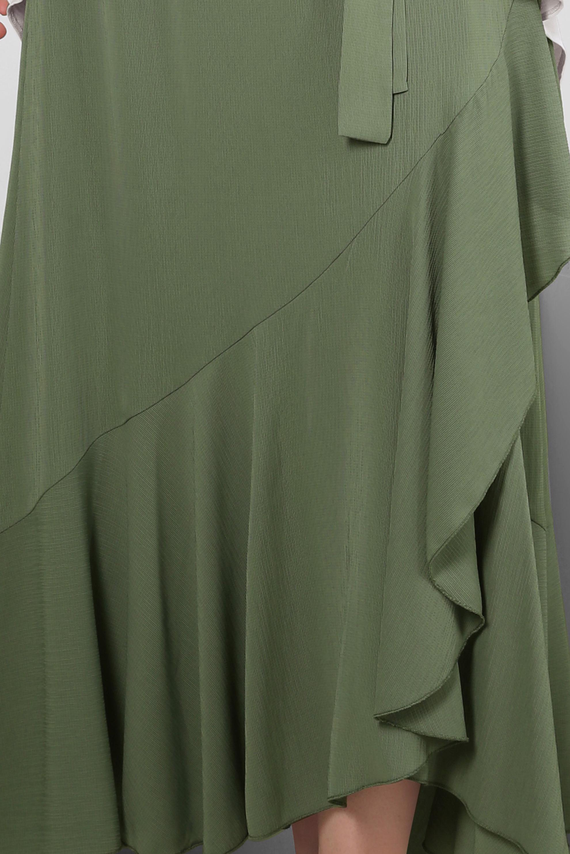 Tesettür giyim HAKİ VOLANLI BELİ LASTİKLİ ETEK 60421