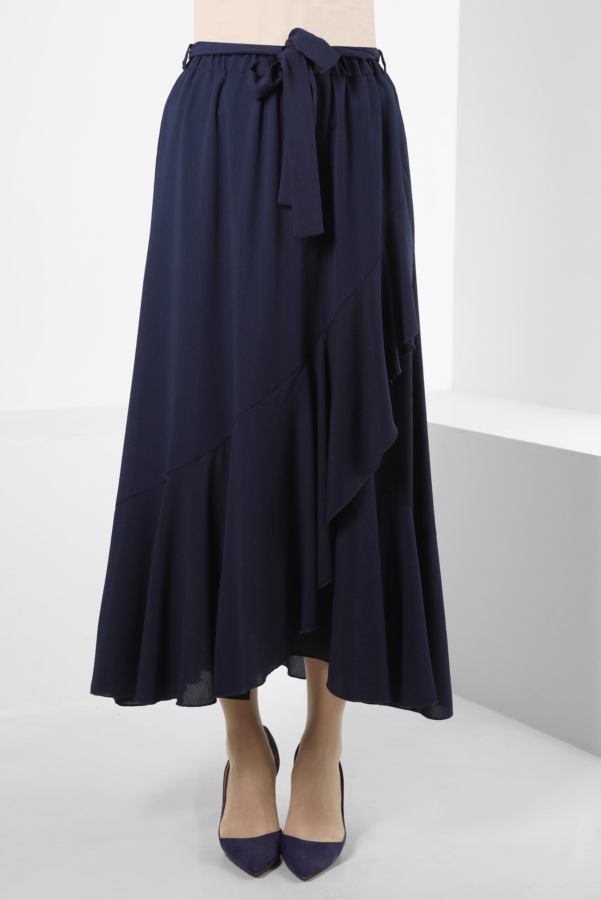 Tesettür giyim LACİVERT VOLANLI BELİ LASTİKLİ ETEK 60421