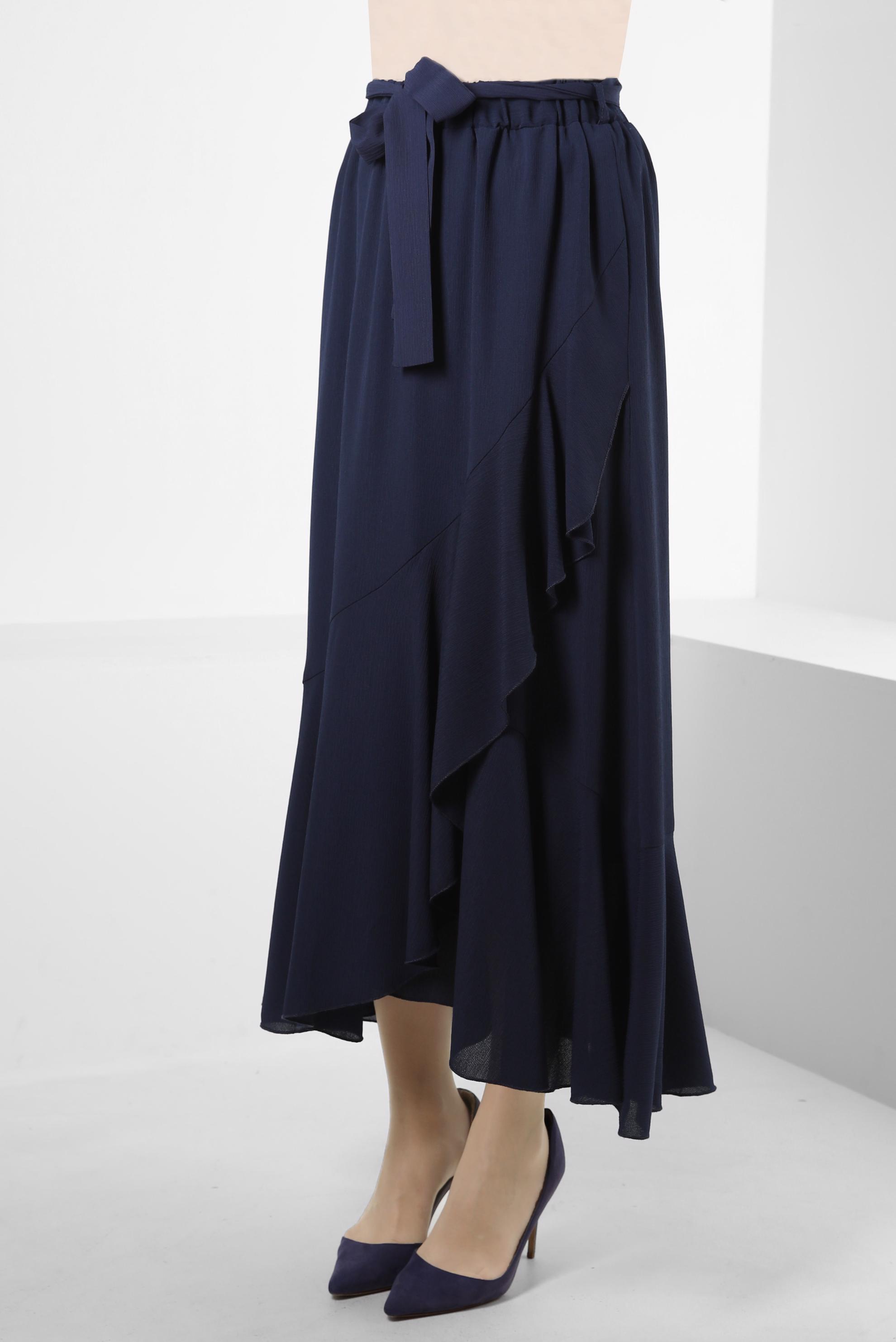 Tesettür giyim LACİVERT VOLANLI BELİ LASTİKLİ ETEK 60421