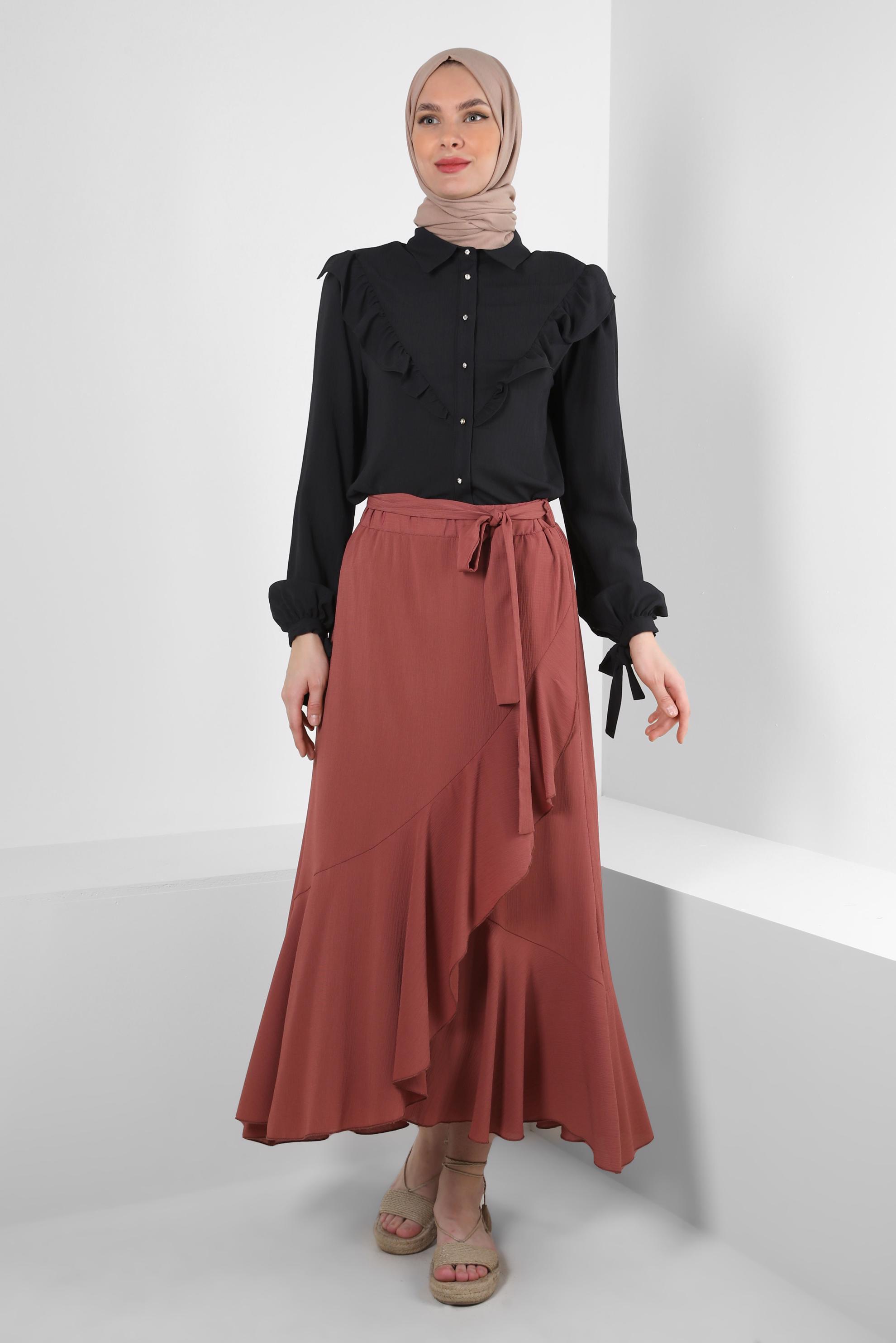 Tesettür giyim KAHVE VOLANLI BELİ LASTİKLİ ETEK 60421