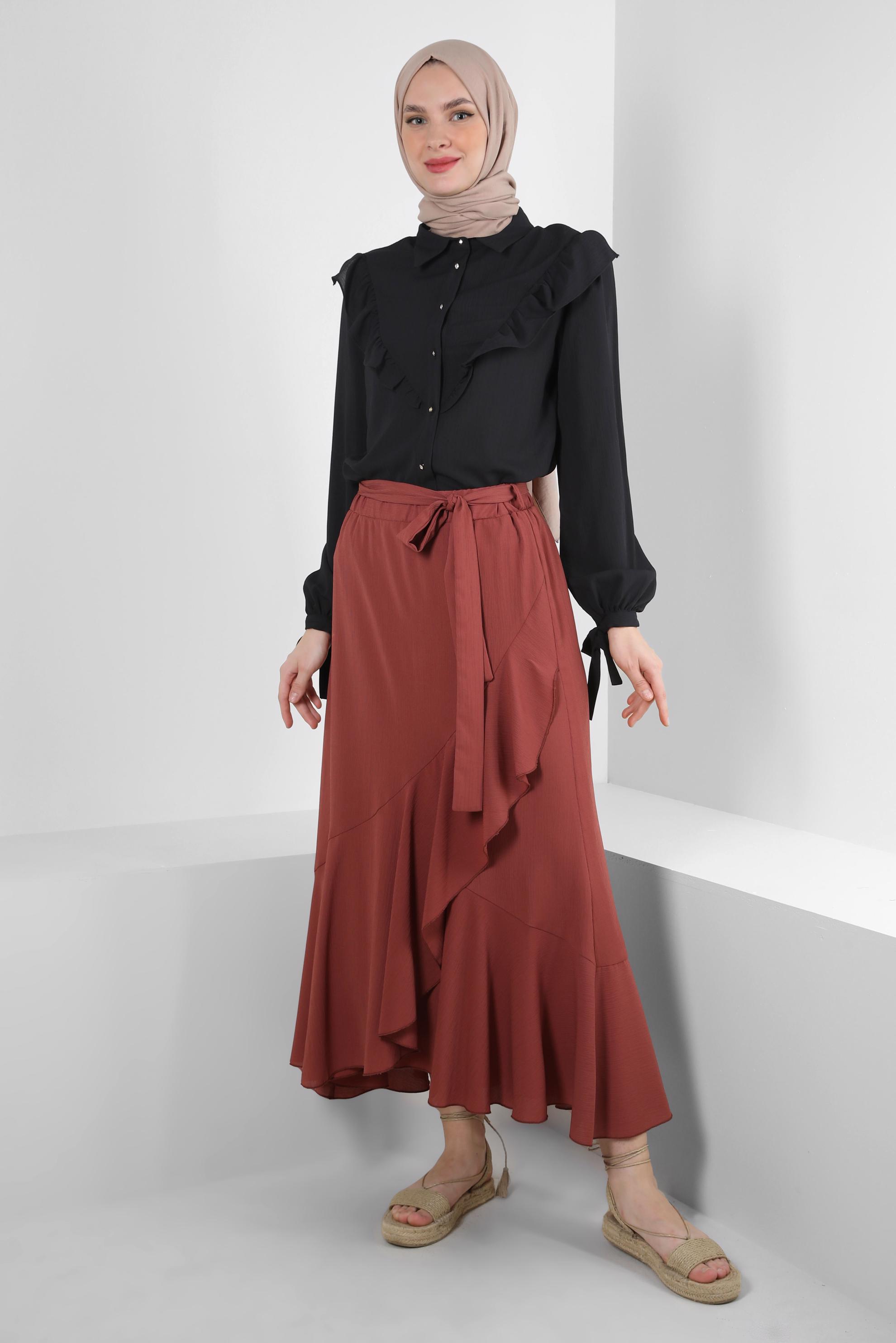 Tesettür giyim KAHVE VOLANLI BELİ LASTİKLİ ETEK 60421