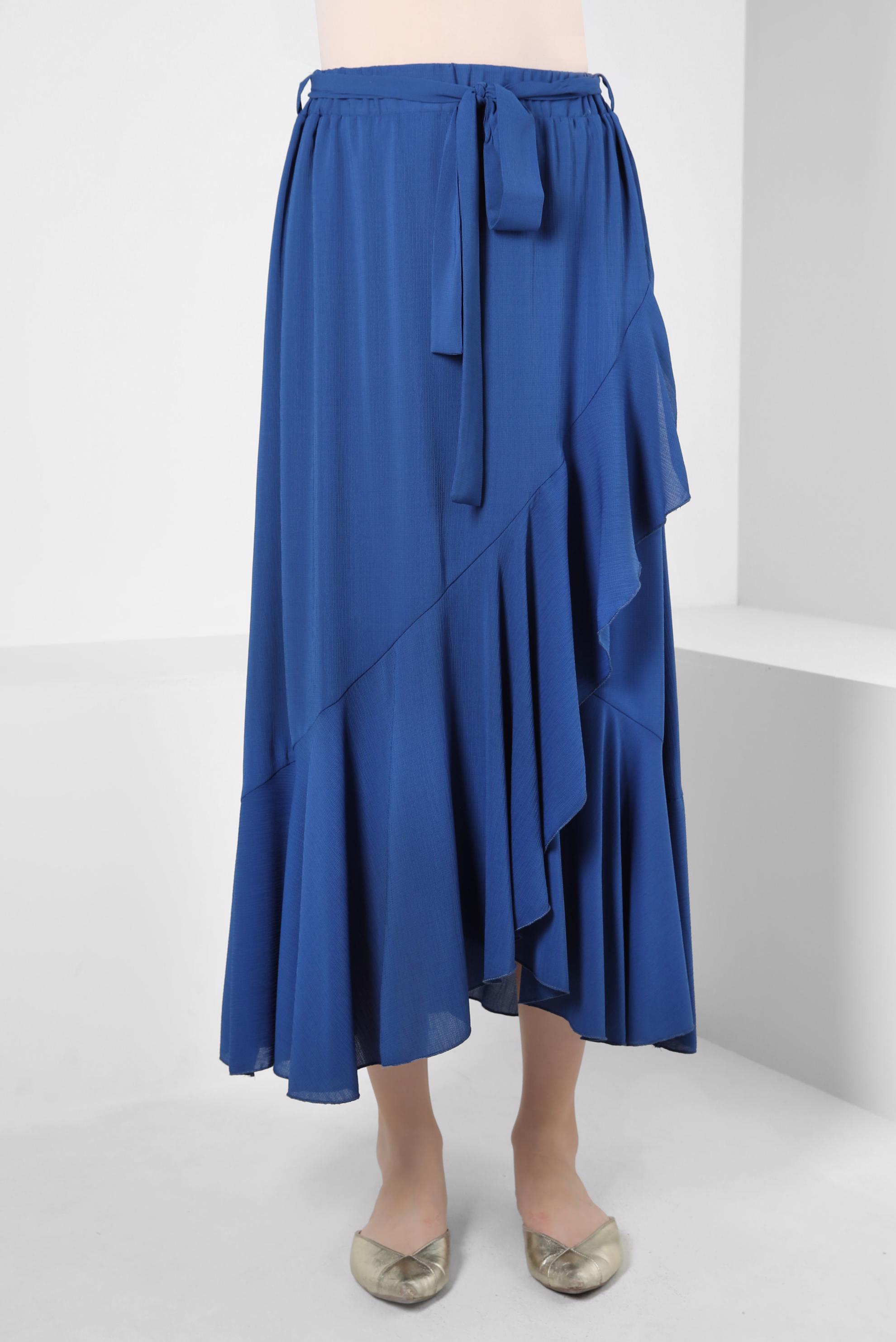 Tesettür giyim MAVİ VOLANLI BELİ LASTİKLİ ETEK 60421