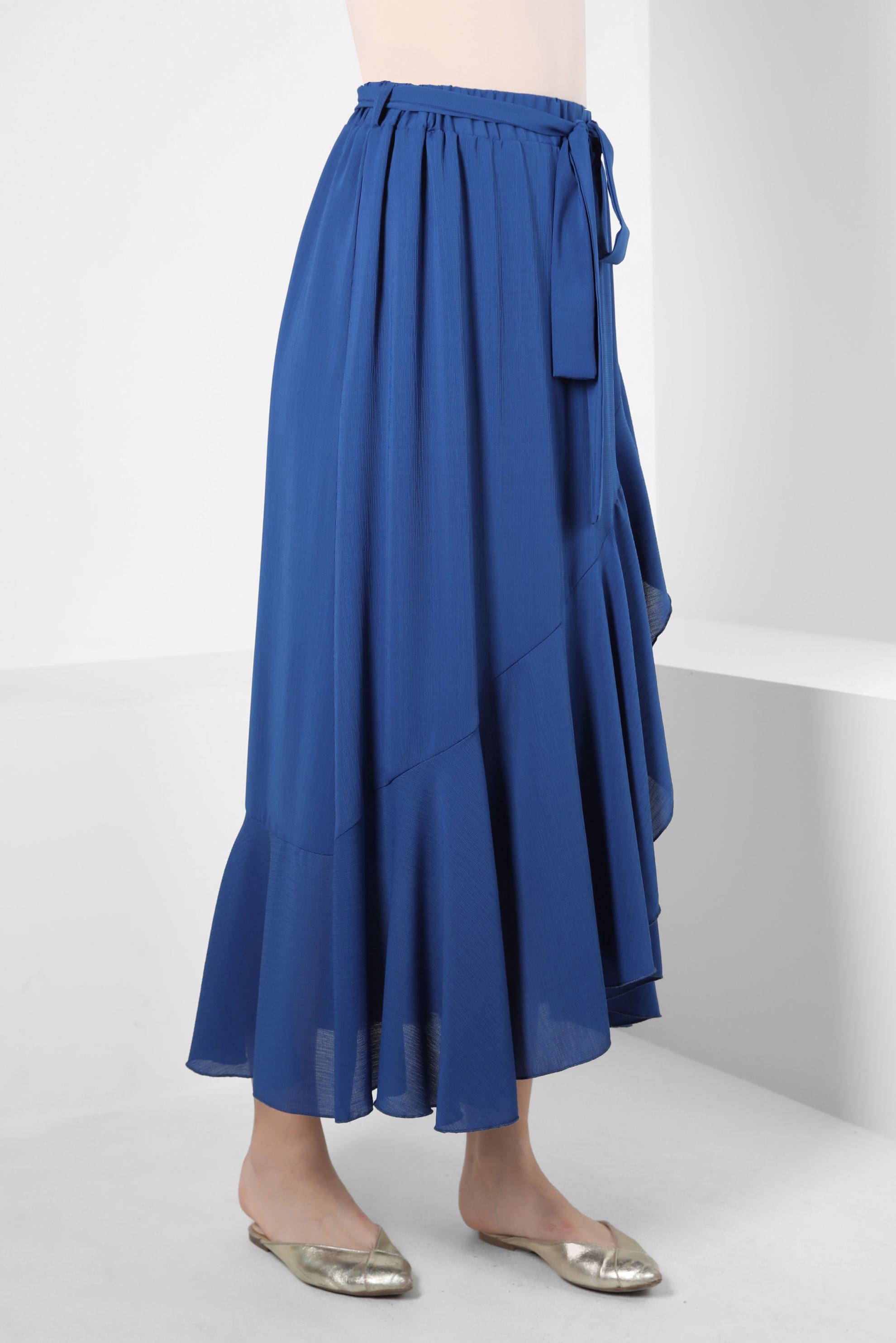 Tesettür giyim MAVİ VOLANLI BELİ LASTİKLİ ETEK 60421