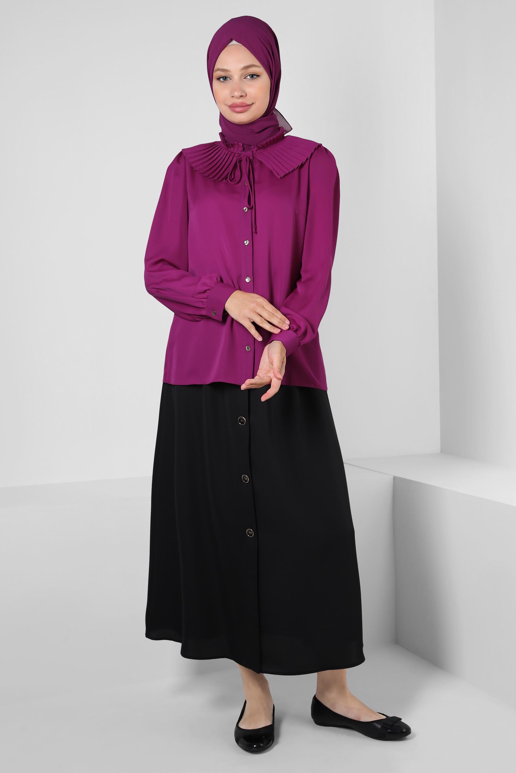 Tesettür giyim SİYAH BELİ LASTİKLİ DÜĞME DETAYLI ETEK 60422