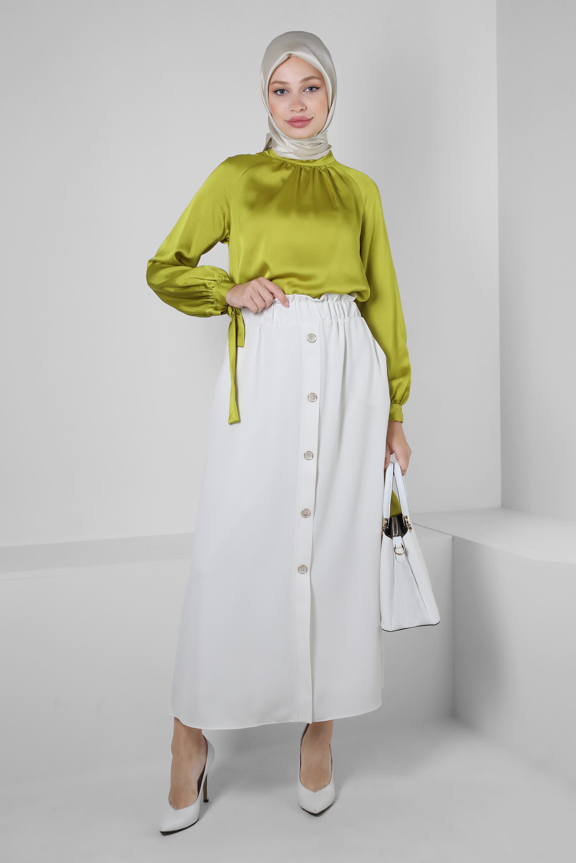 Hijab clothing WHITE ELASTIC WAIST SKIRT WITH BUTTON DETAIL 60422