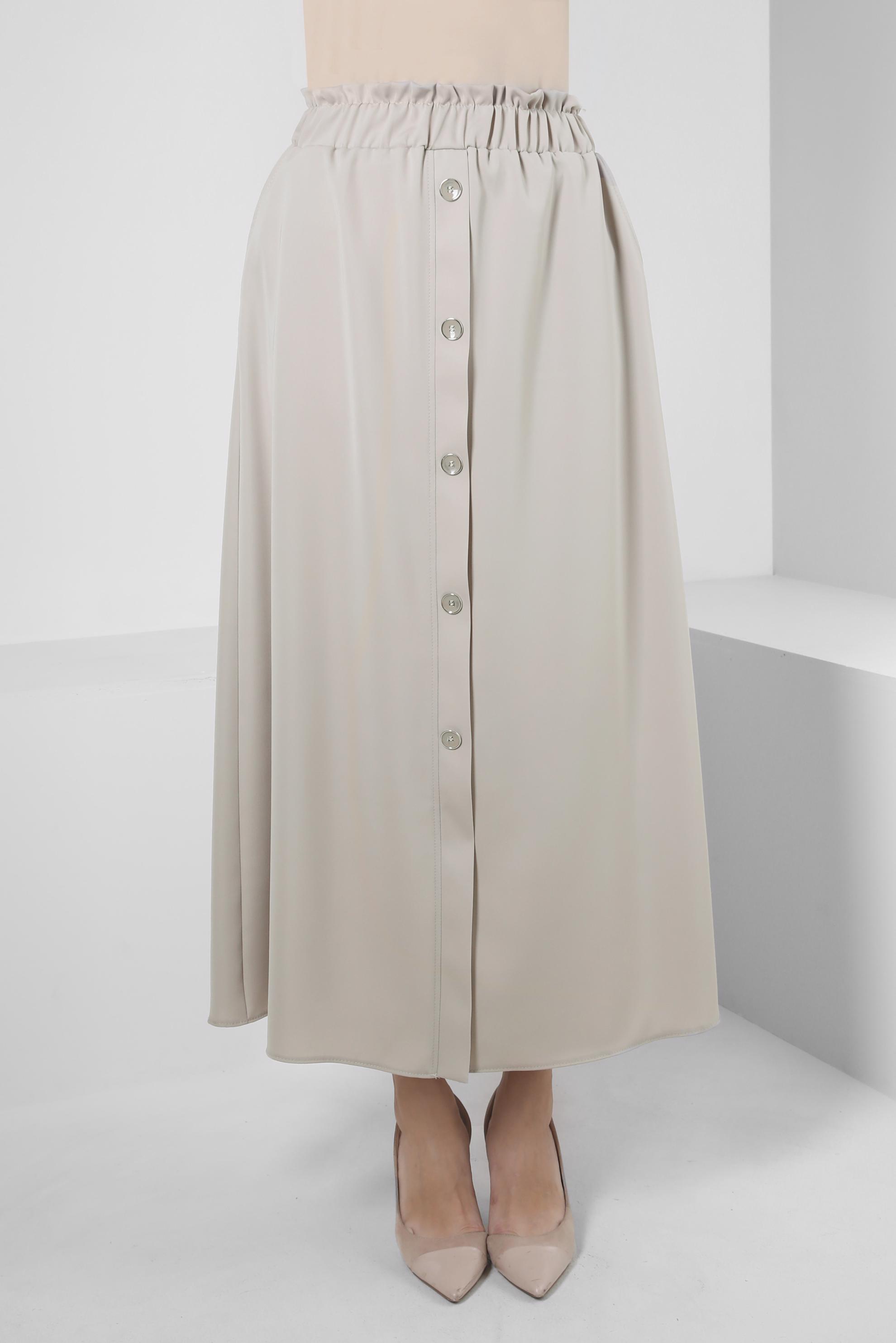 Tesettür giyim BEJ BELİ LASTİKLİ DÜĞME DETAYLI ETEK 60422