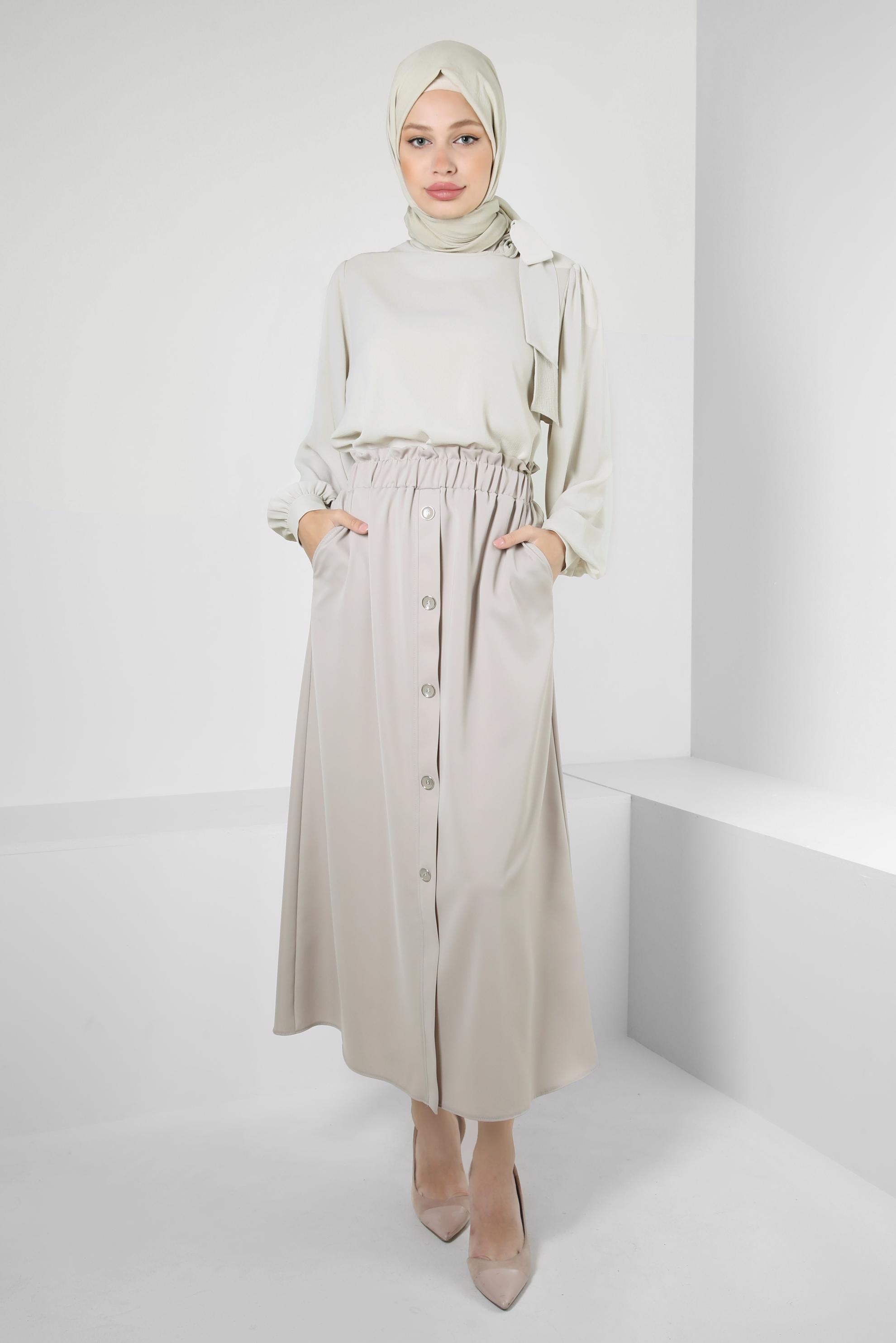 Tesettür giyim BEJ BELİ LASTİKLİ DÜĞME DETAYLI ETEK 60422