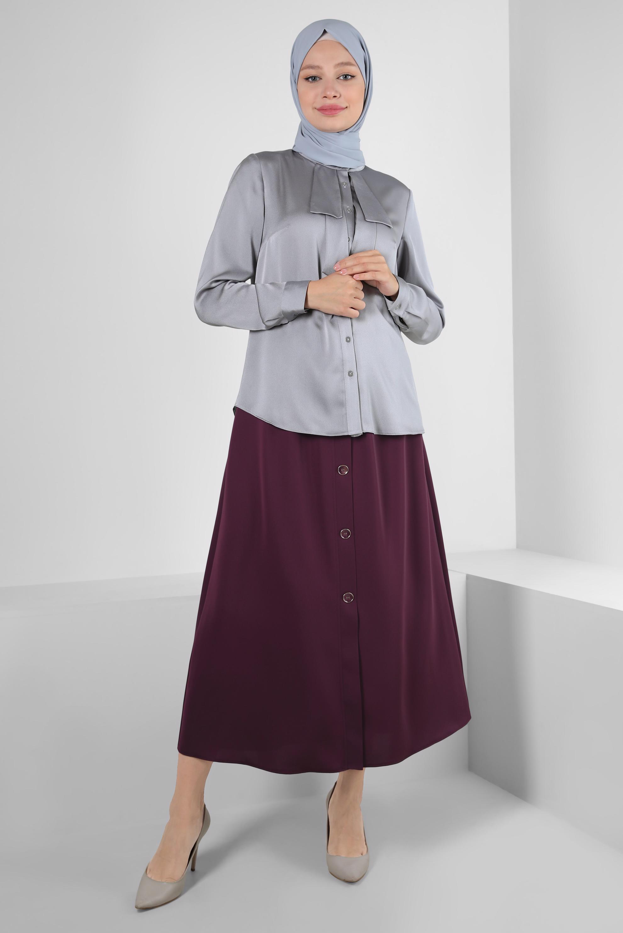 Tesettür giyim MOR BELİ LASTİKLİ DÜĞME DETAYLI ETEK 60422