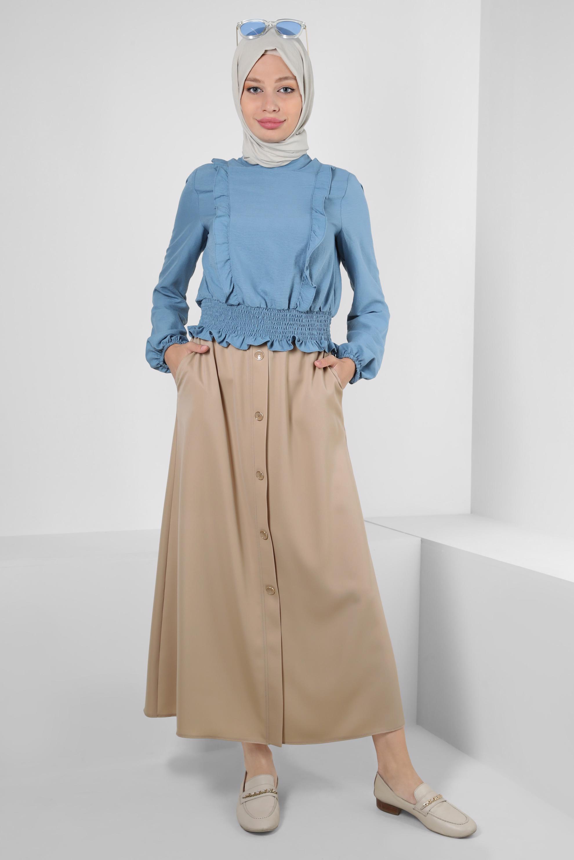 Tesettür giyim TABA BELİ LASTİKLİ DÜĞME DETAYLI ETEK 60422