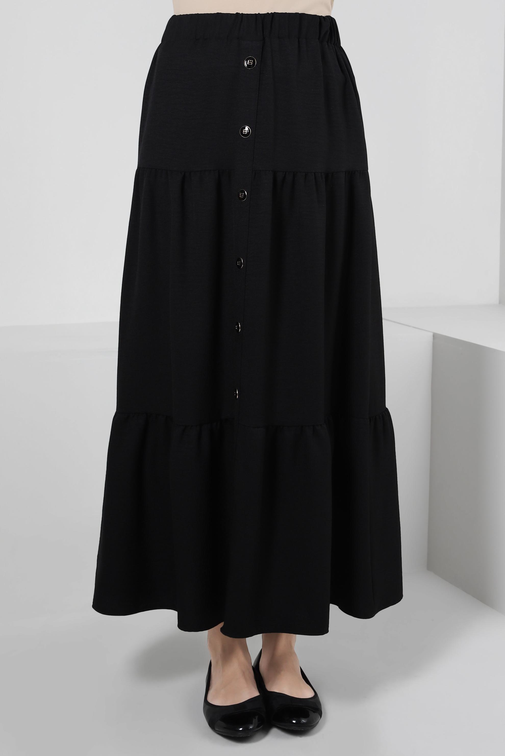 Tesettür giyim SİYAH DÜĞME DETAYLI VOLANLI ETEK 60423