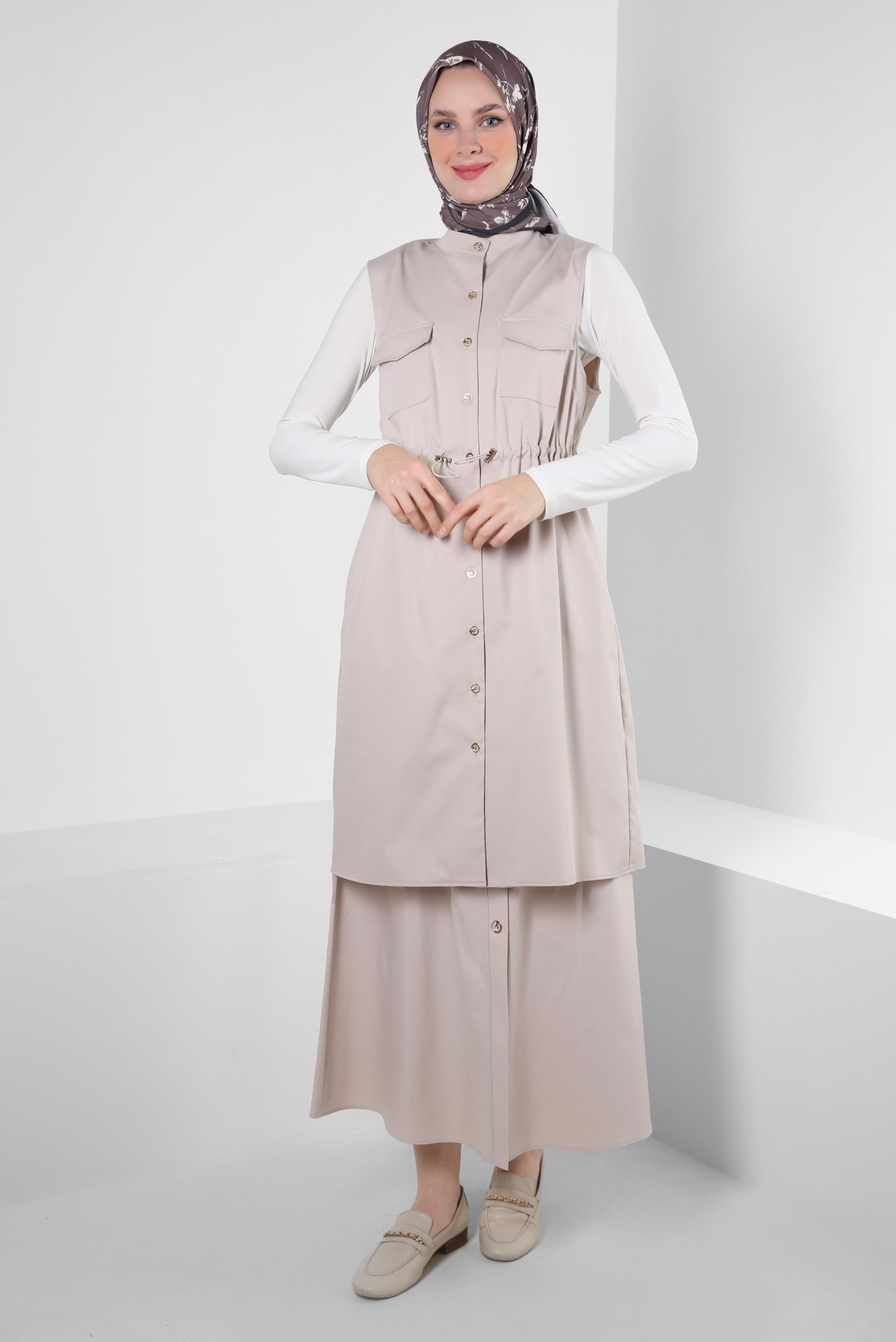 Hijab clothing BEIGE ELASTIC WAIST SKIRT WITH BUTTON DETAIL 60424