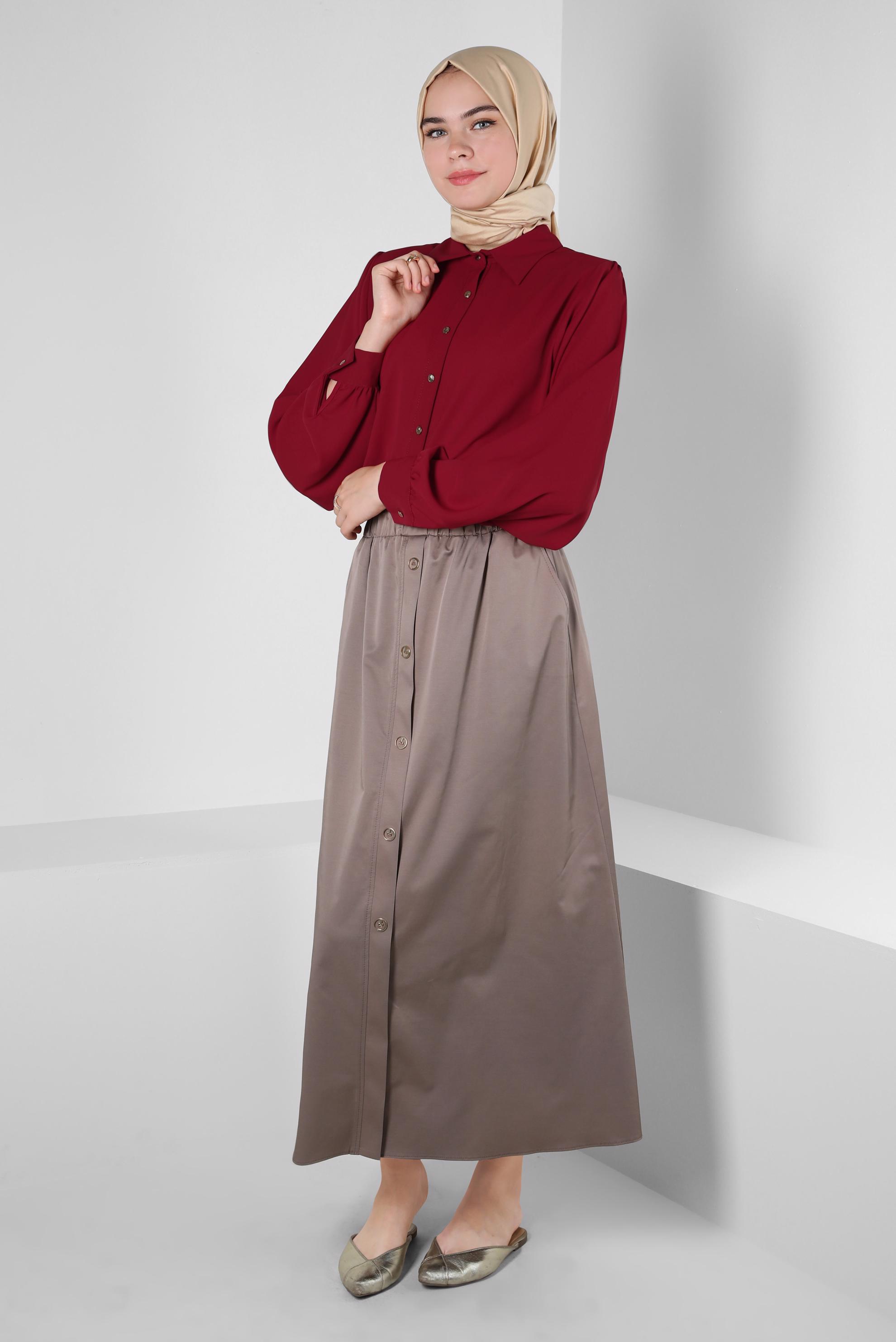 Tesettür giyim VİZON DÜĞME DETAYLI BELİ LASTİKLİ ETEK 60424
