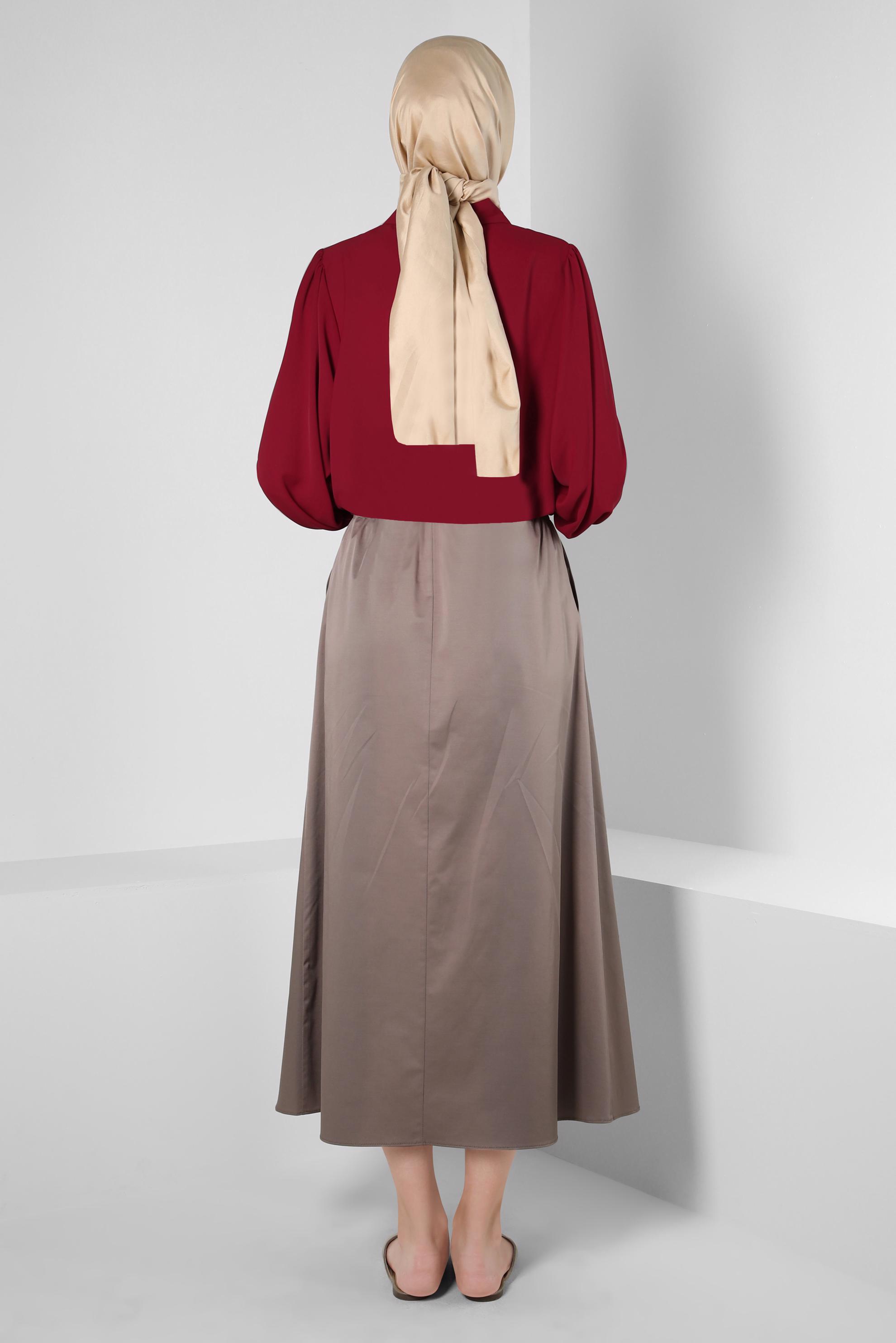 Tesettür giyim VİZON DÜĞME DETAYLI BELİ LASTİKLİ ETEK 60424