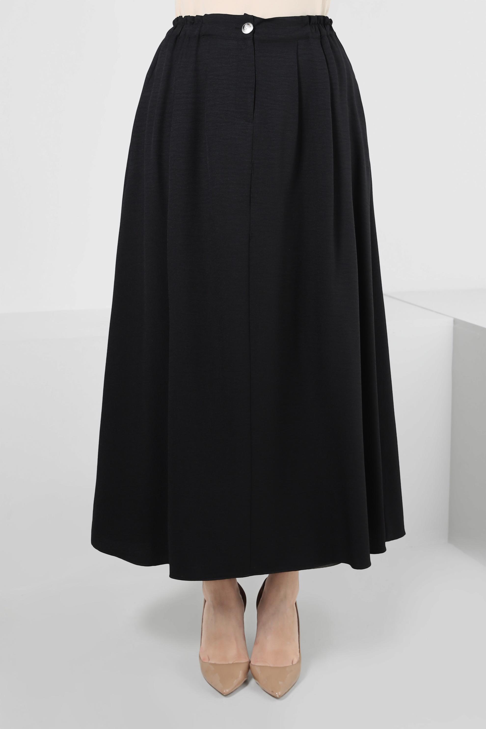 Tesettür giyim SİYAH BELİ LASTİKLİ PİLİSE DETAYLI ETEK 60428