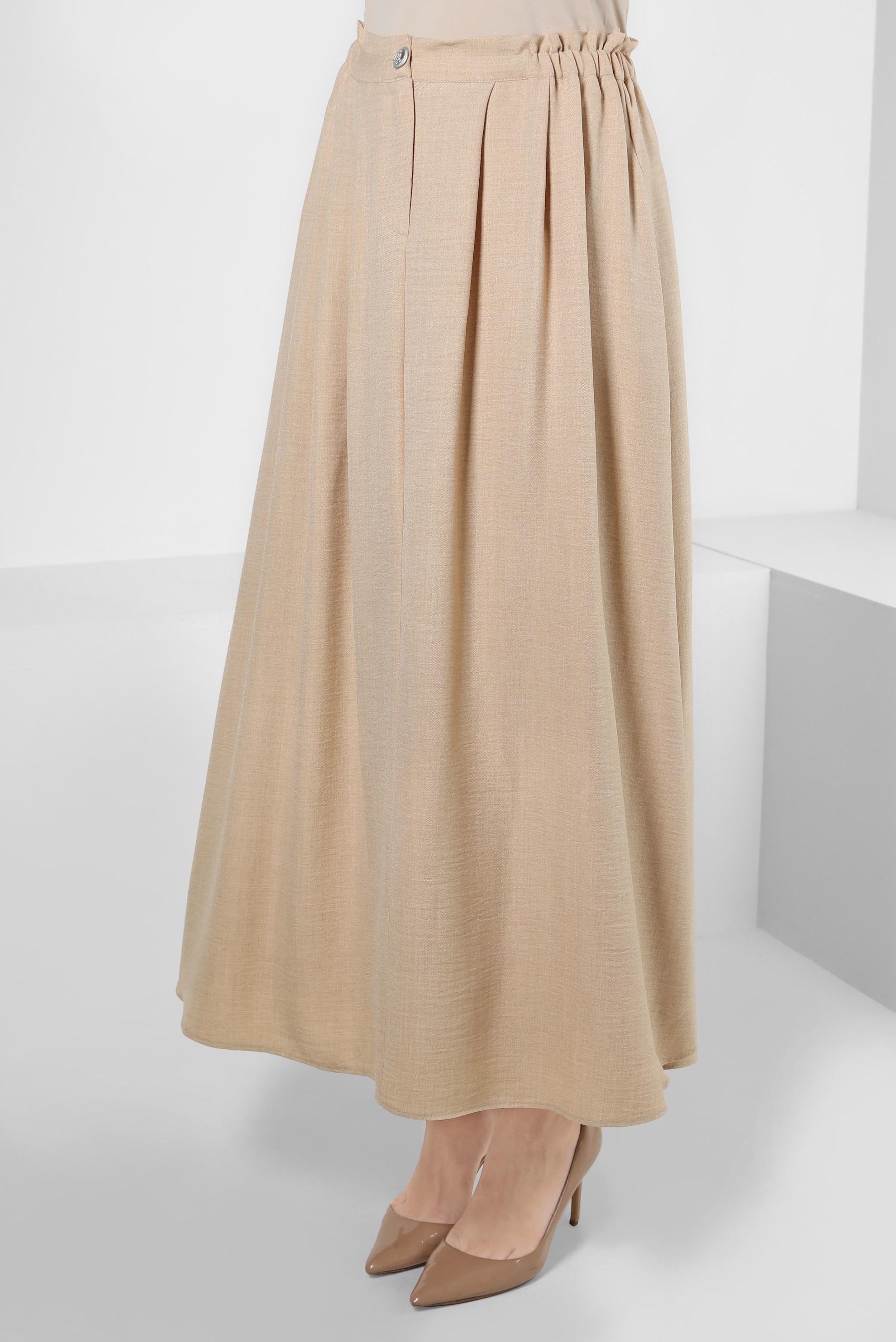 Tesettür giyim BEJ BELİ LASTİKLİ PİLİSE DETAYLI ETEK 60428