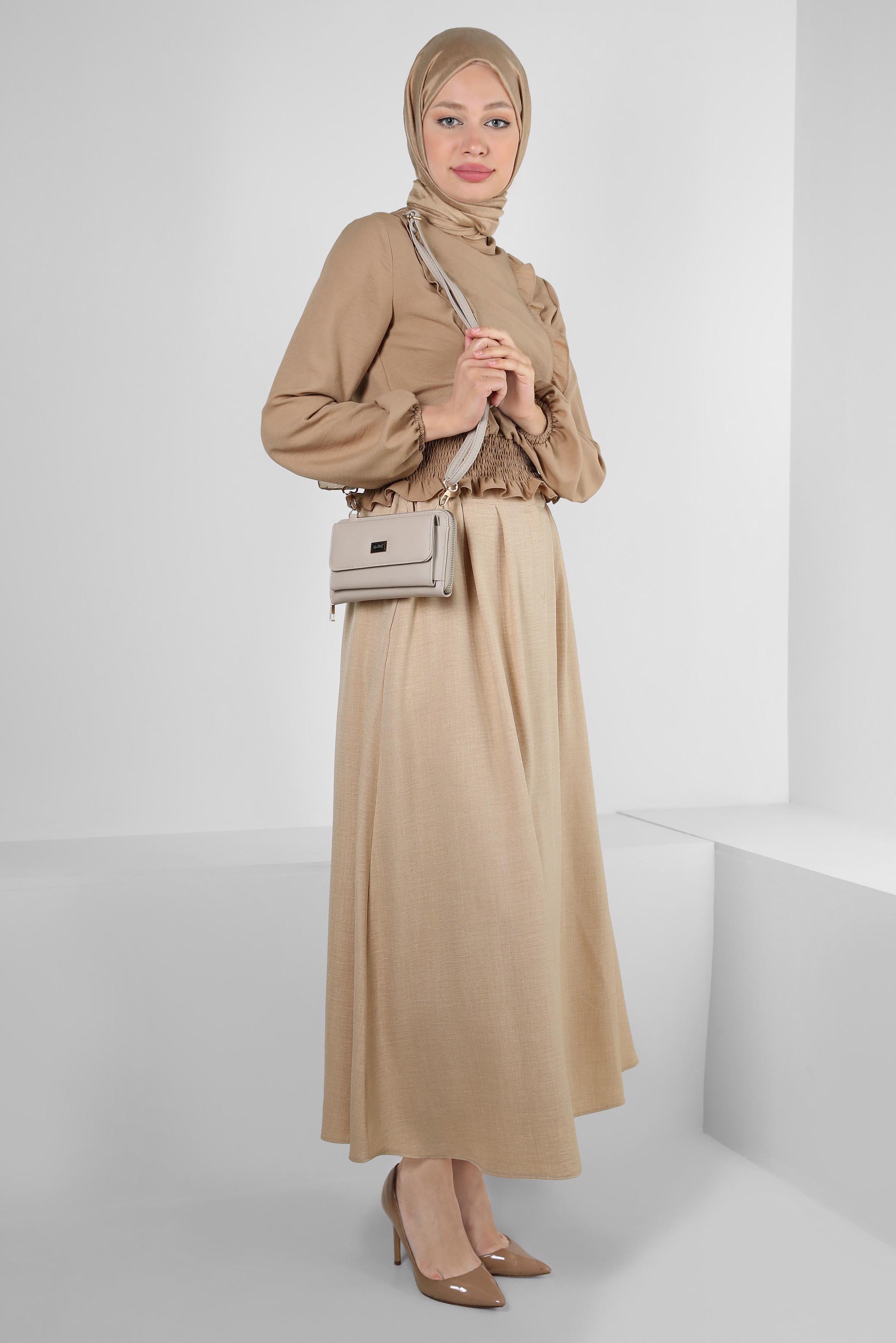 Tesettür giyim BEJ BELİ LASTİKLİ PİLİSE DETAYLI ETEK 60428