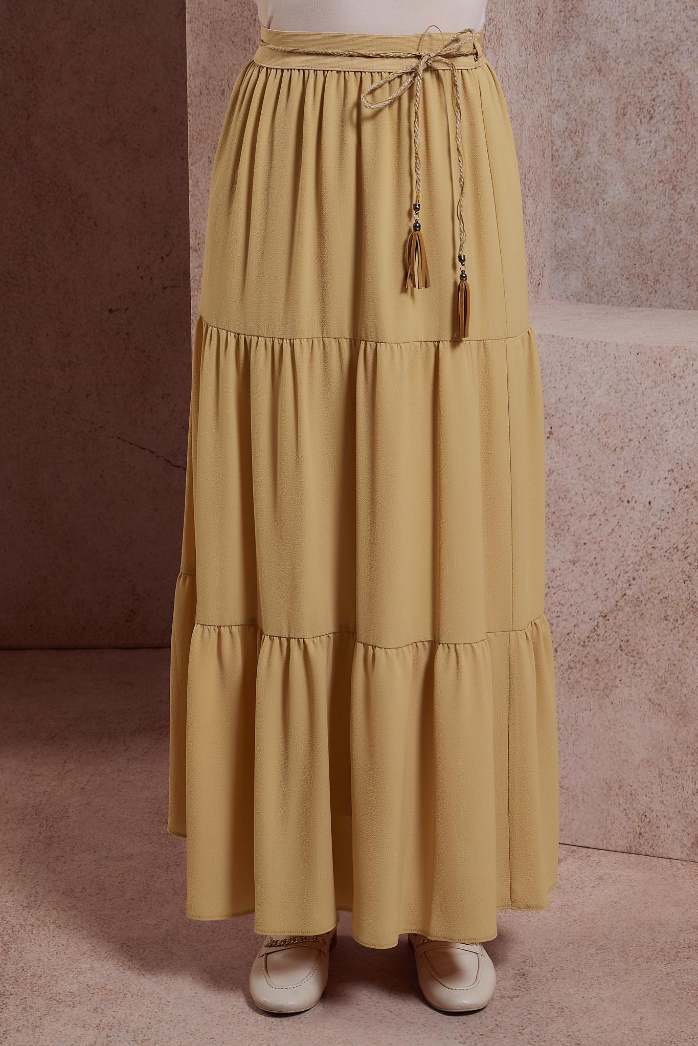 Tesettür giyim KAHVE BAĞCIK DETAYLI ETEK 60432