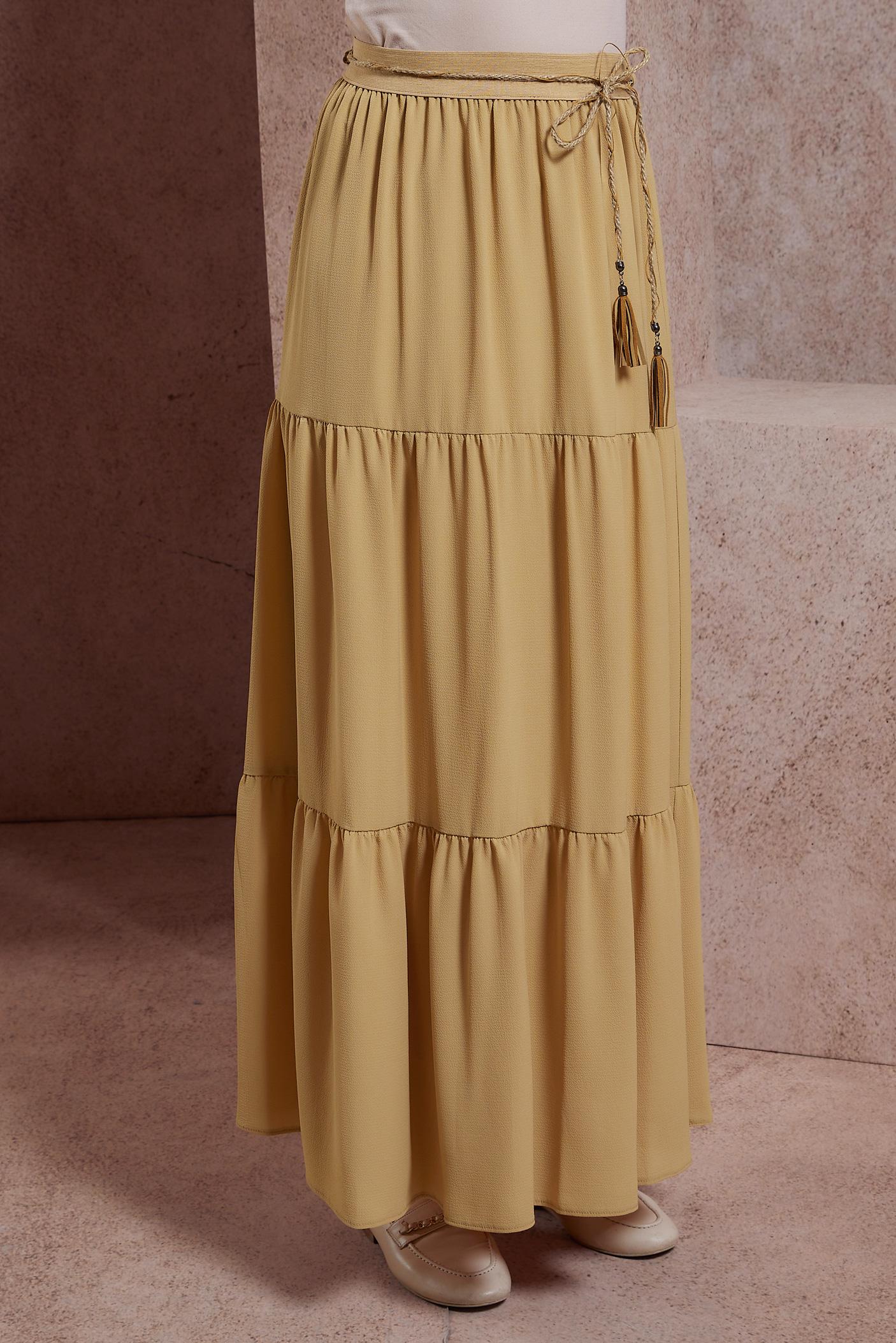 Tesettür giyim KAHVE BAĞCIK DETAYLI ETEK 60432